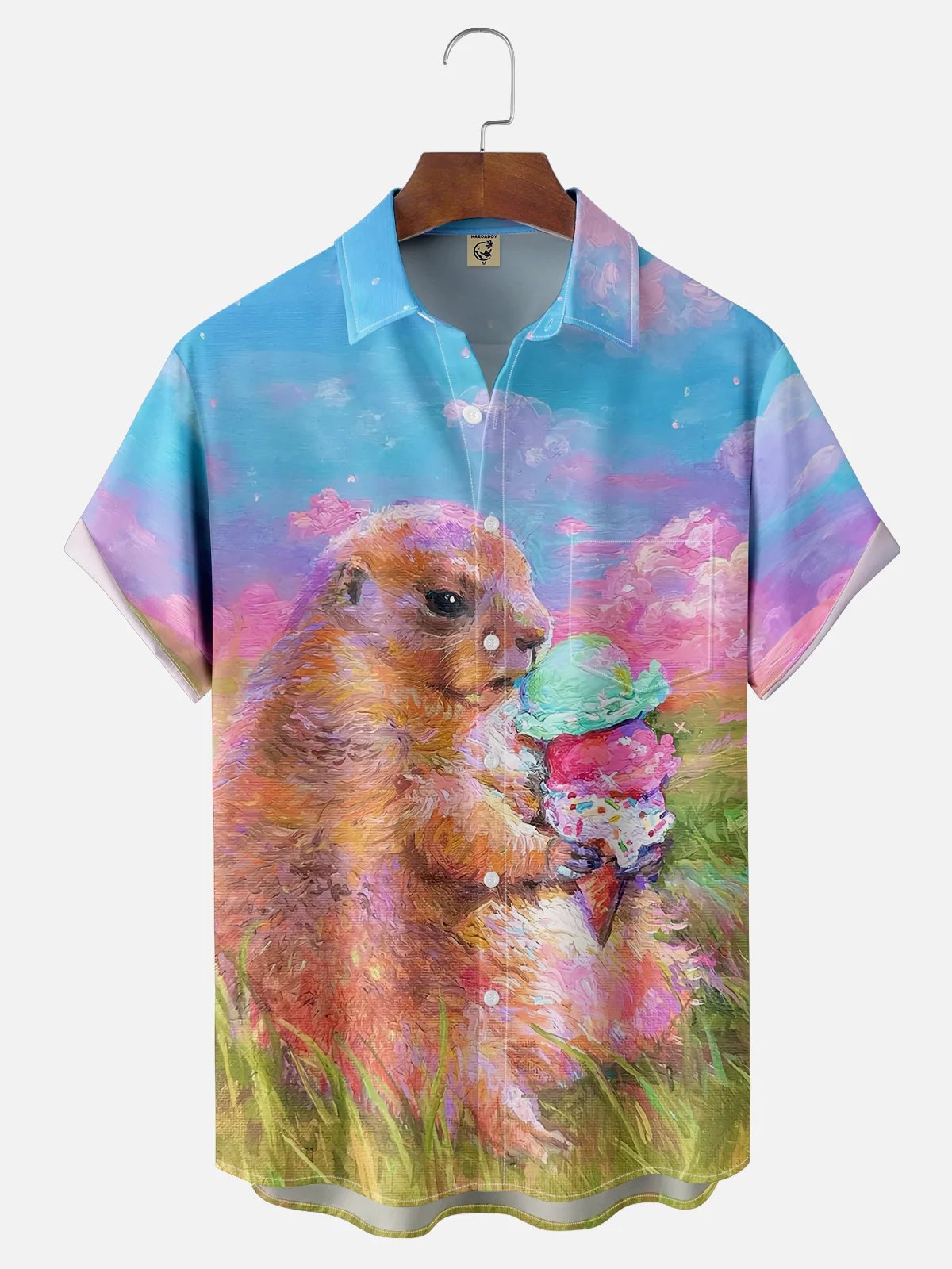 Moisture-wicking Artist's Creative Groundhog Eating Ice Cream Painting Chest Pocket Casual Shirt