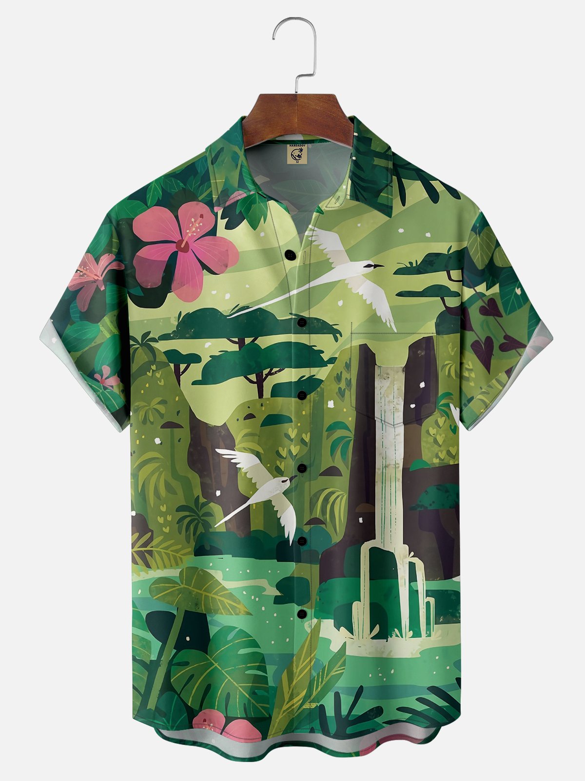 Moisture-wicking Landscape Birds Flowers Chest Pocket Casual Shirt