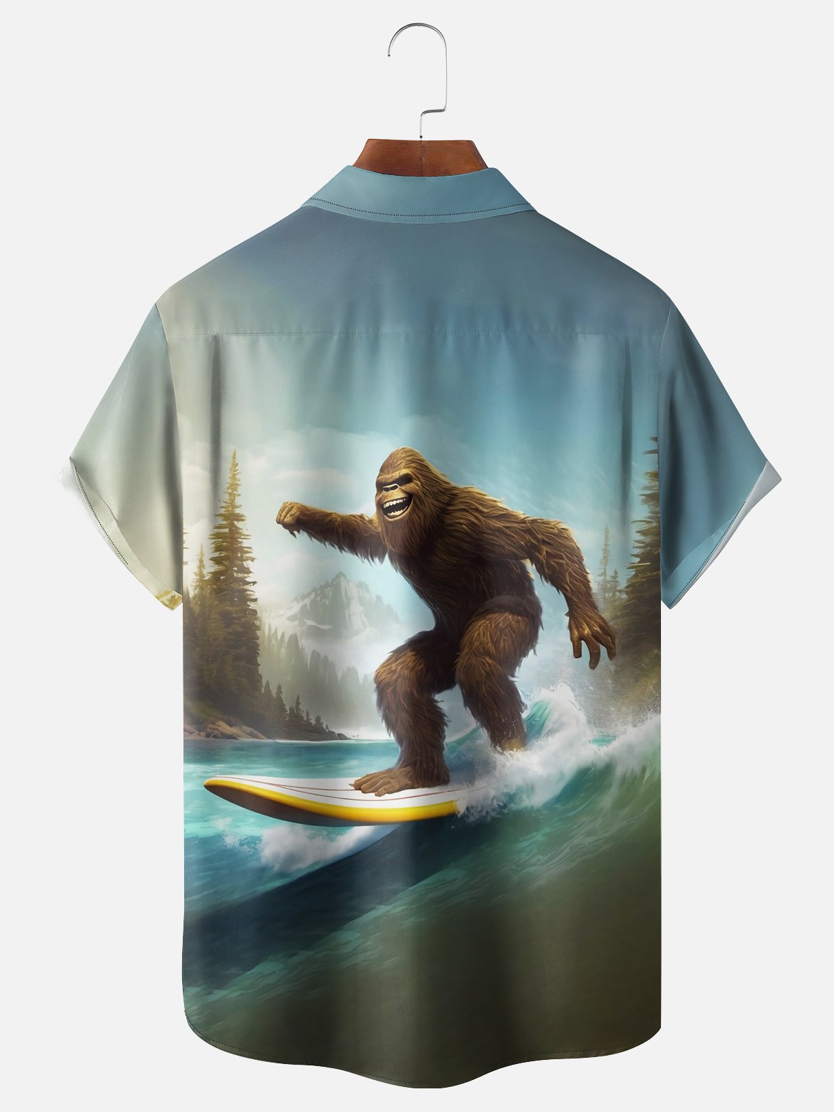 Moisture-wicking Bigfoot Surfing Waves Chest Pocket Hawaiian Shirt