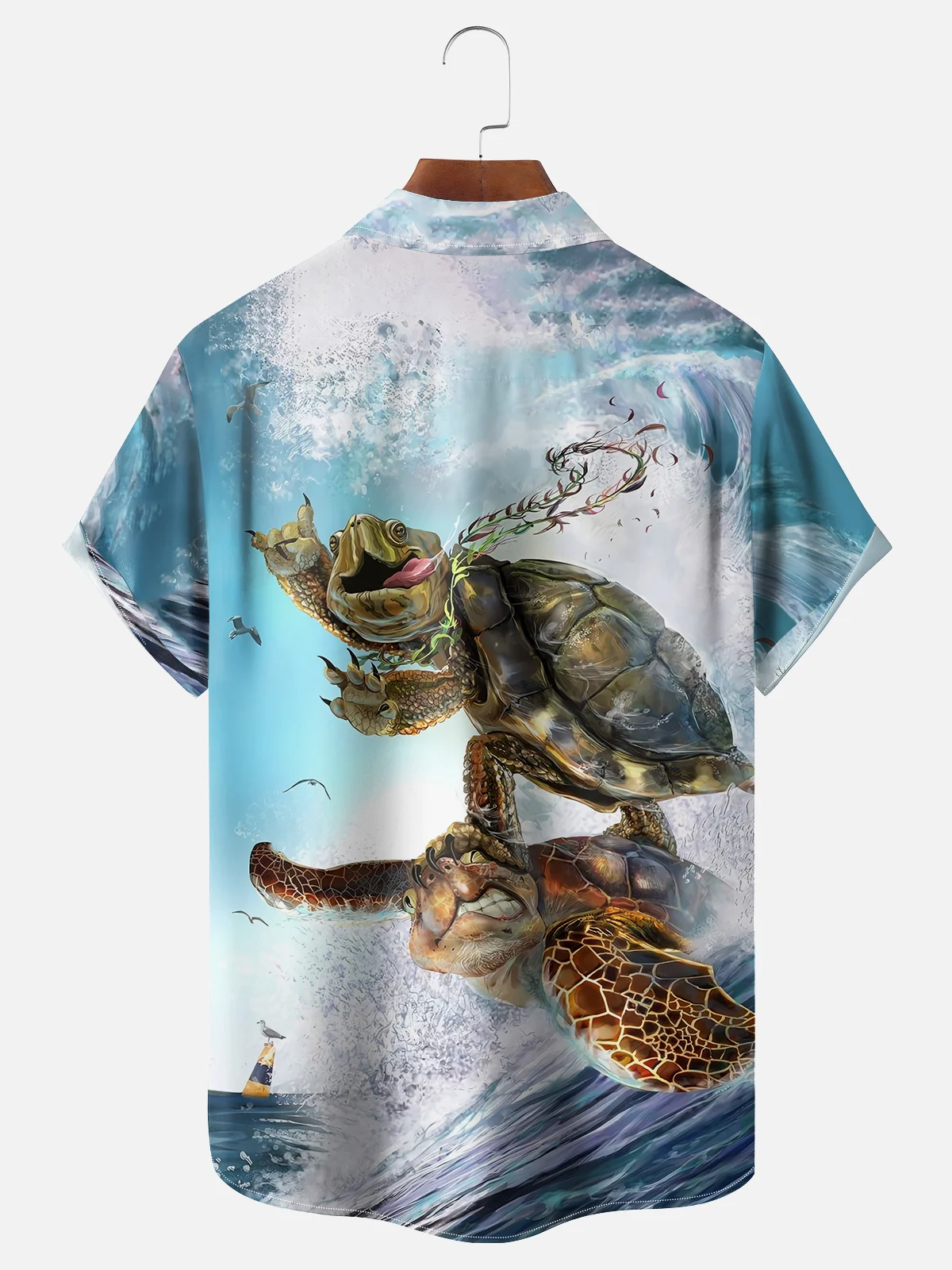 Moisture-wicking Turtle Surfing Art Parody Chest Pocket Hawaiian Shirt