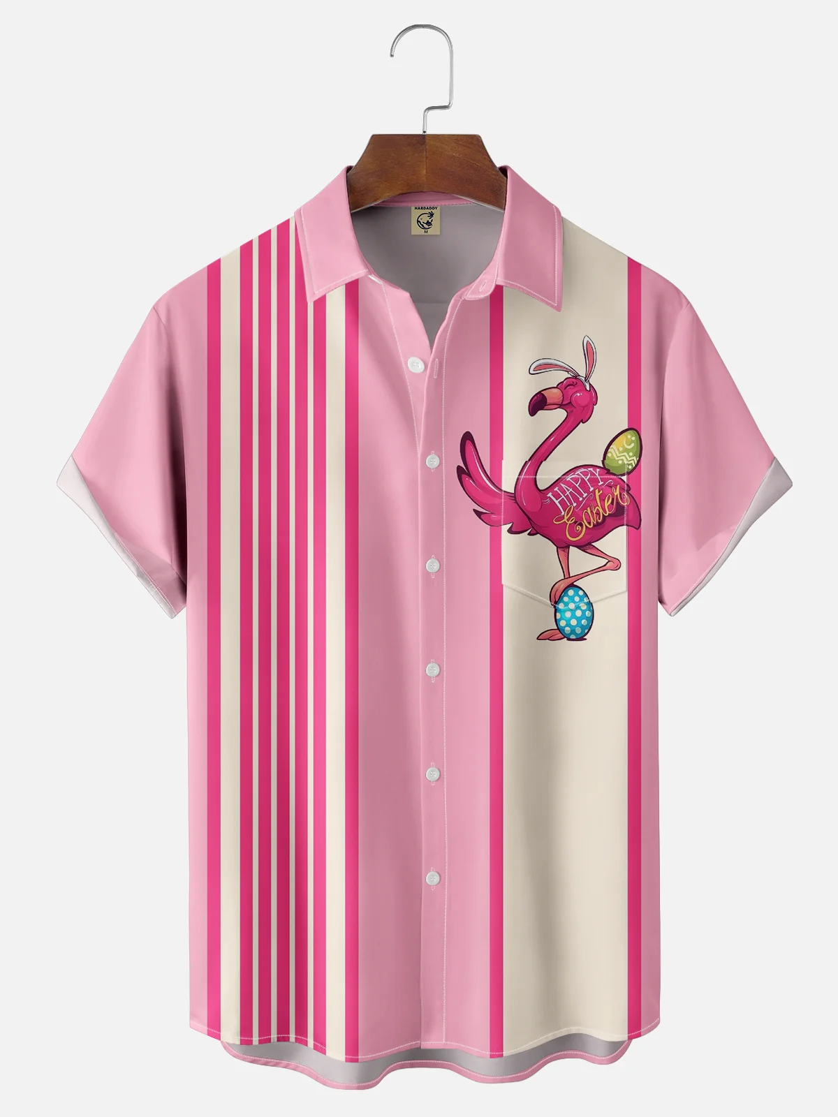 Moisture-wicking Happy Easter Flamingo Egg Art Chest Pocket Bowling Shirt