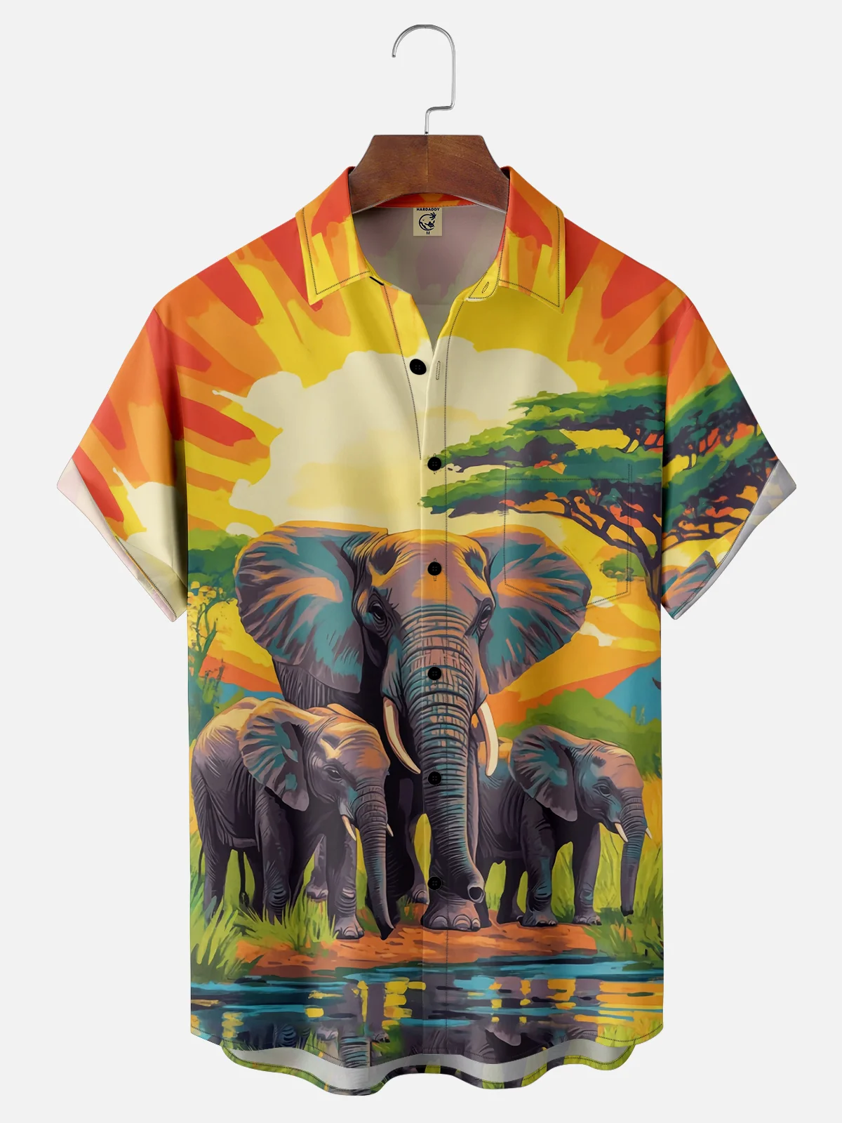 Moisture-wicking Elephant Tree Sunset Chest Pocket Hawaiian Shirt