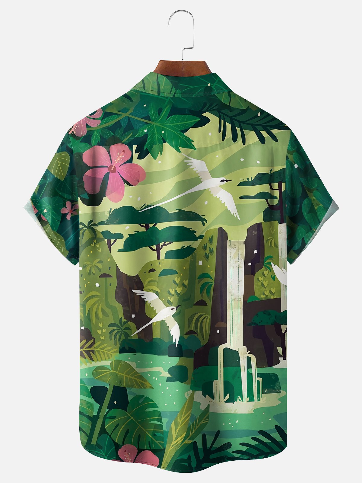 Moisture-wicking Landscape Birds Flowers Chest Pocket Casual Shirt