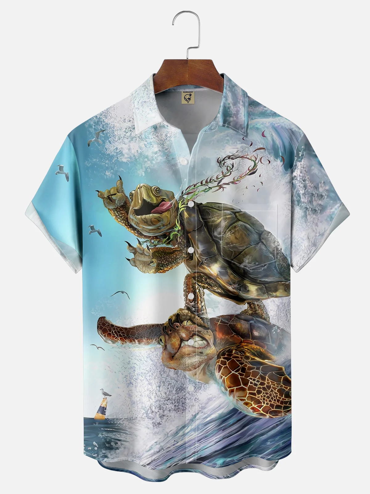 Moisture-wicking Turtle Surfing Art Parody Chest Pocket Hawaiian Shirt