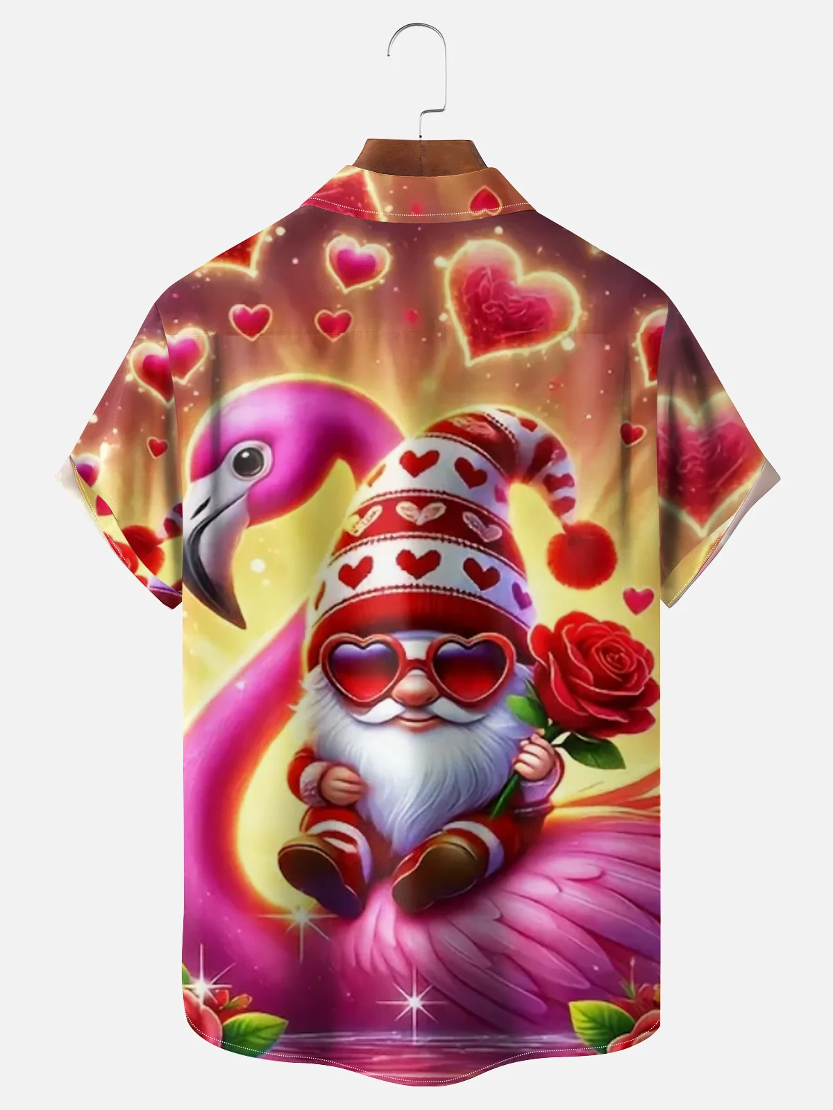 Moisture Wicking Valentine's Day Flamingo Gnome Chest Pocket Casual Shirt