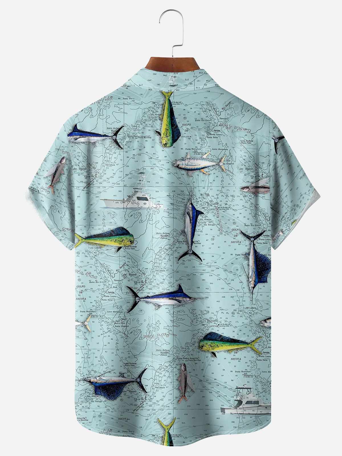 Moisture-wicking Ocean Fish Map Art Chest Pocket Hawaiian Shirt