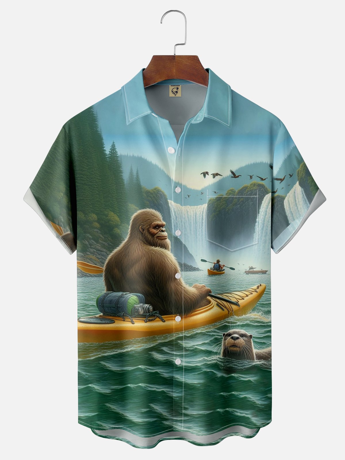 Moisture-wicking Bigfoot Kayak Otter Chest Pocket Hawaiian Shirt