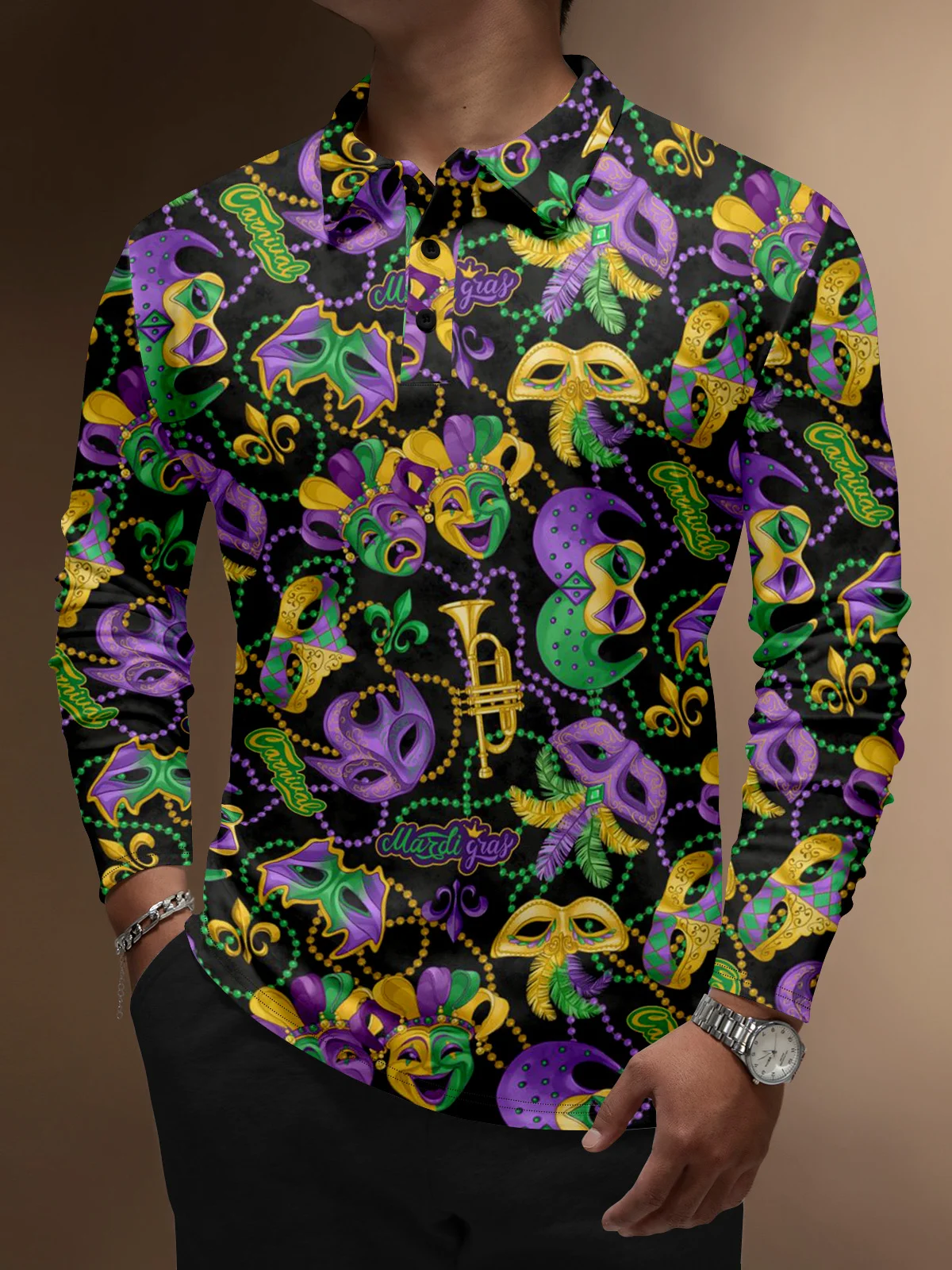 Moisture Wicking Mardi Gras Mask Golf Polo