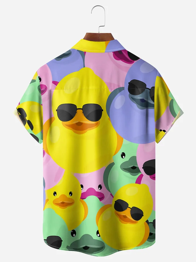 Tall Size Moisture-wicking Cartoon Ducks Chest Pocket Casual Shirt