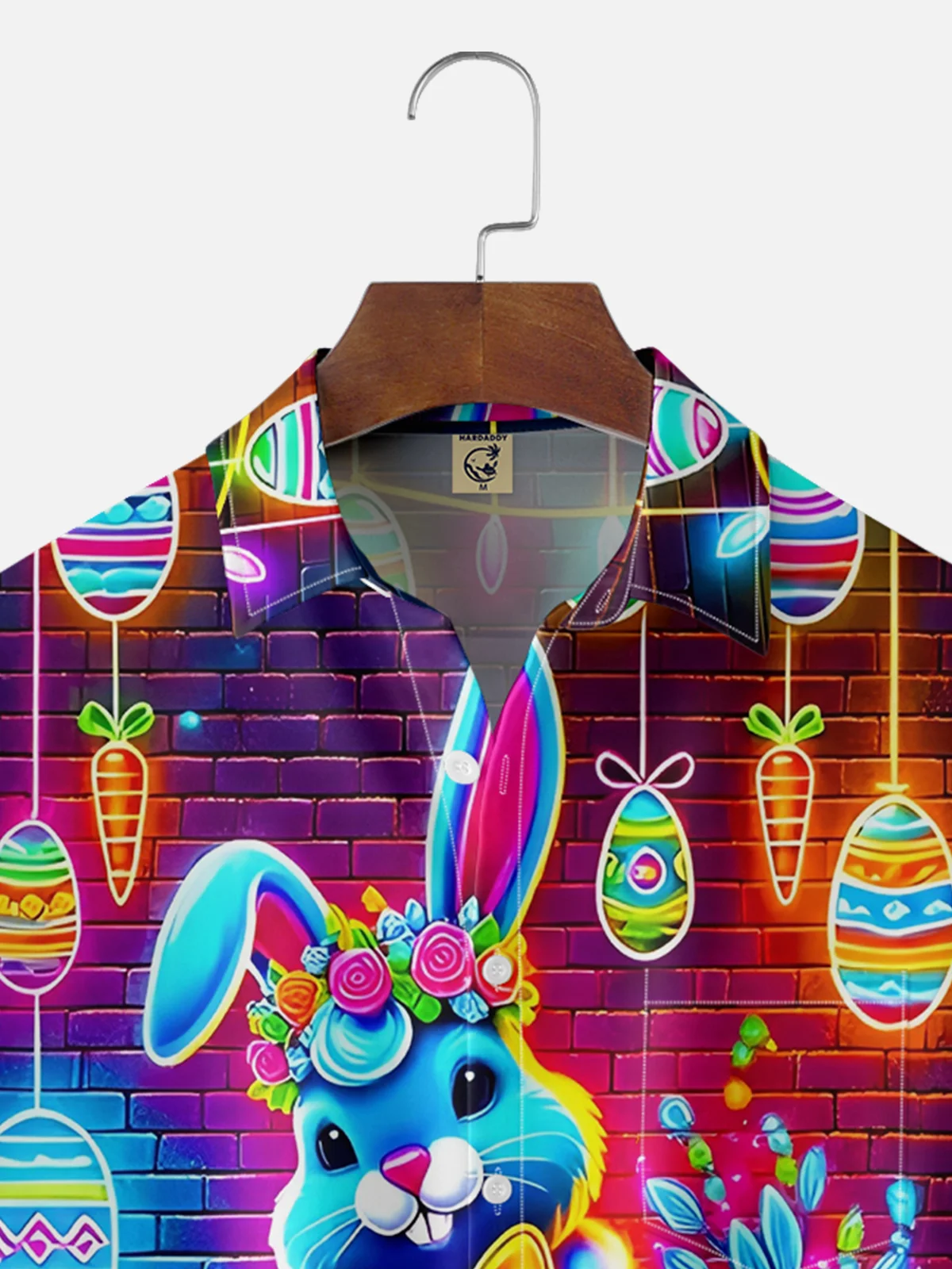 Moisture Wicking Easter Neon Art Easter Eggs Bunny Chest Pocket Hawaiian Shirt