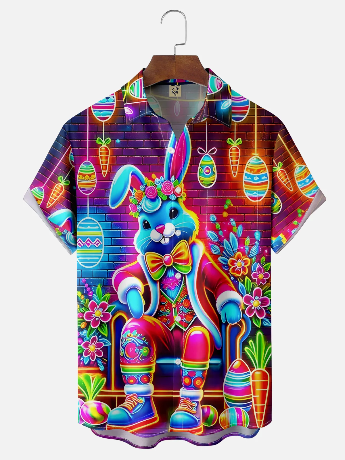 Moisture Wicking Easter Neon Art Easter Eggs Bunny Chest Pocket Hawaiian Shirt