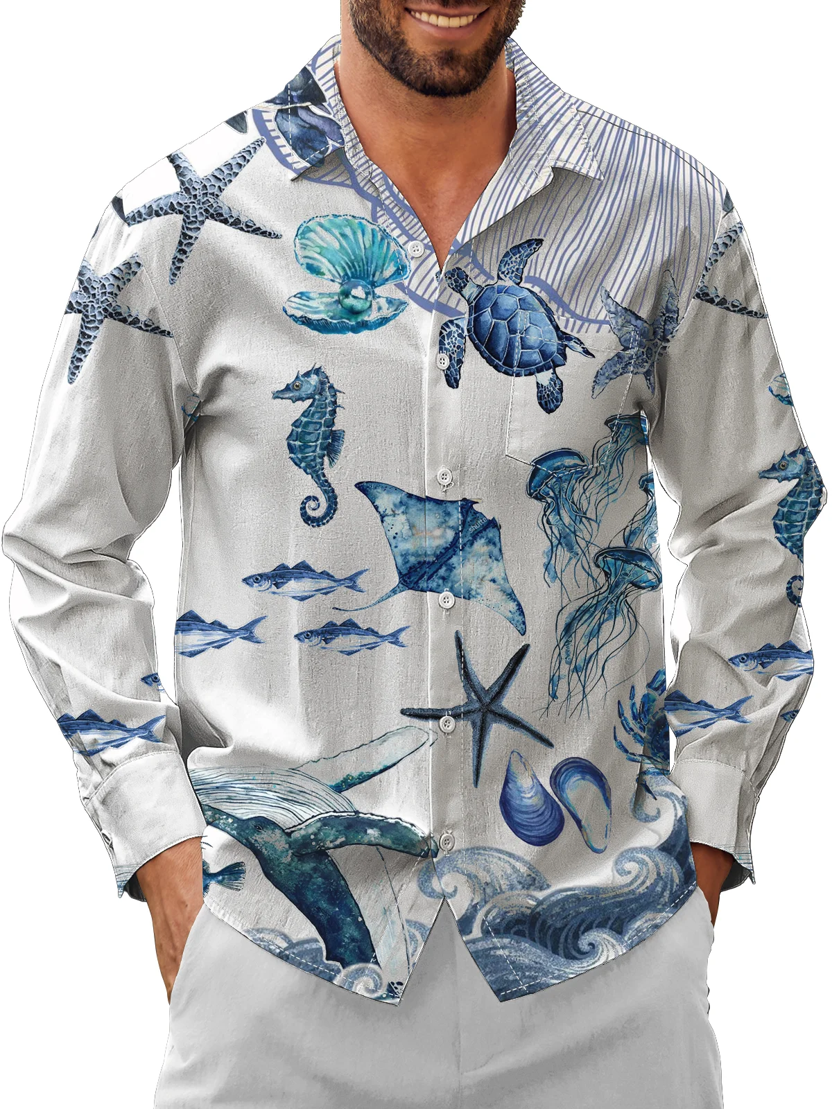 Moisture Wicking Marine Animals Sea Turtle Seahorse Chest Pocket Long Sleeves Hawaiian Shirt