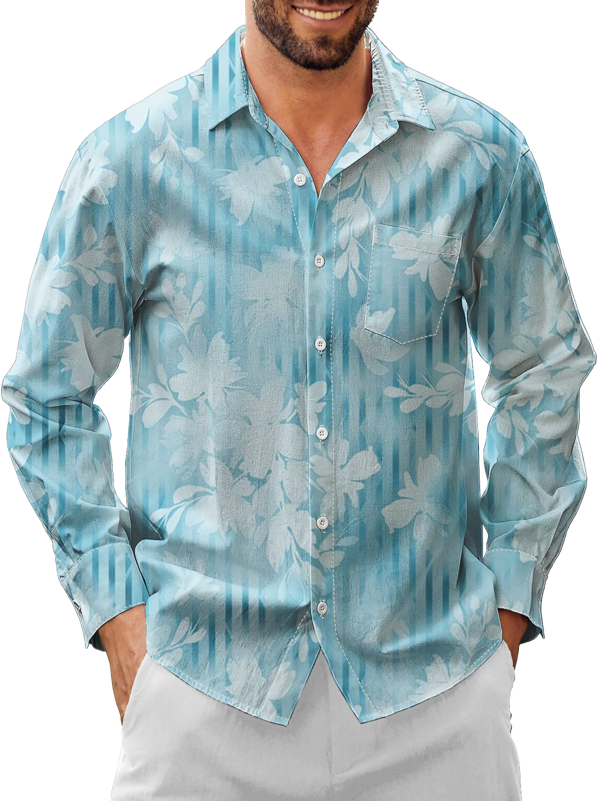 Moisture Wicking Stripes Floral Chest Pocket Long Sleeves Hawaiian Shirt