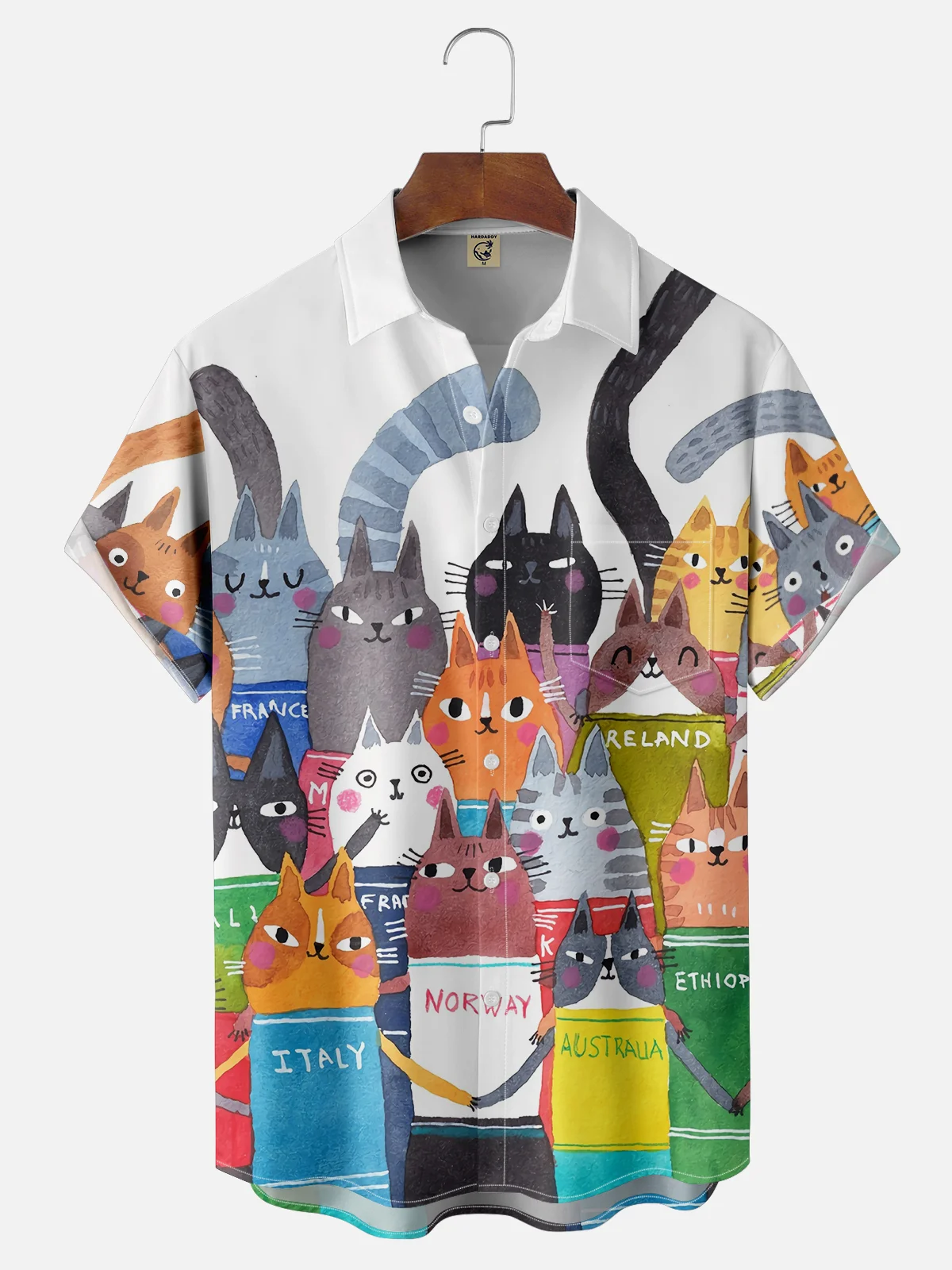 Moisture-wicking Cat Cartoon Fun Pattern Chest Pocket Casual Shirt