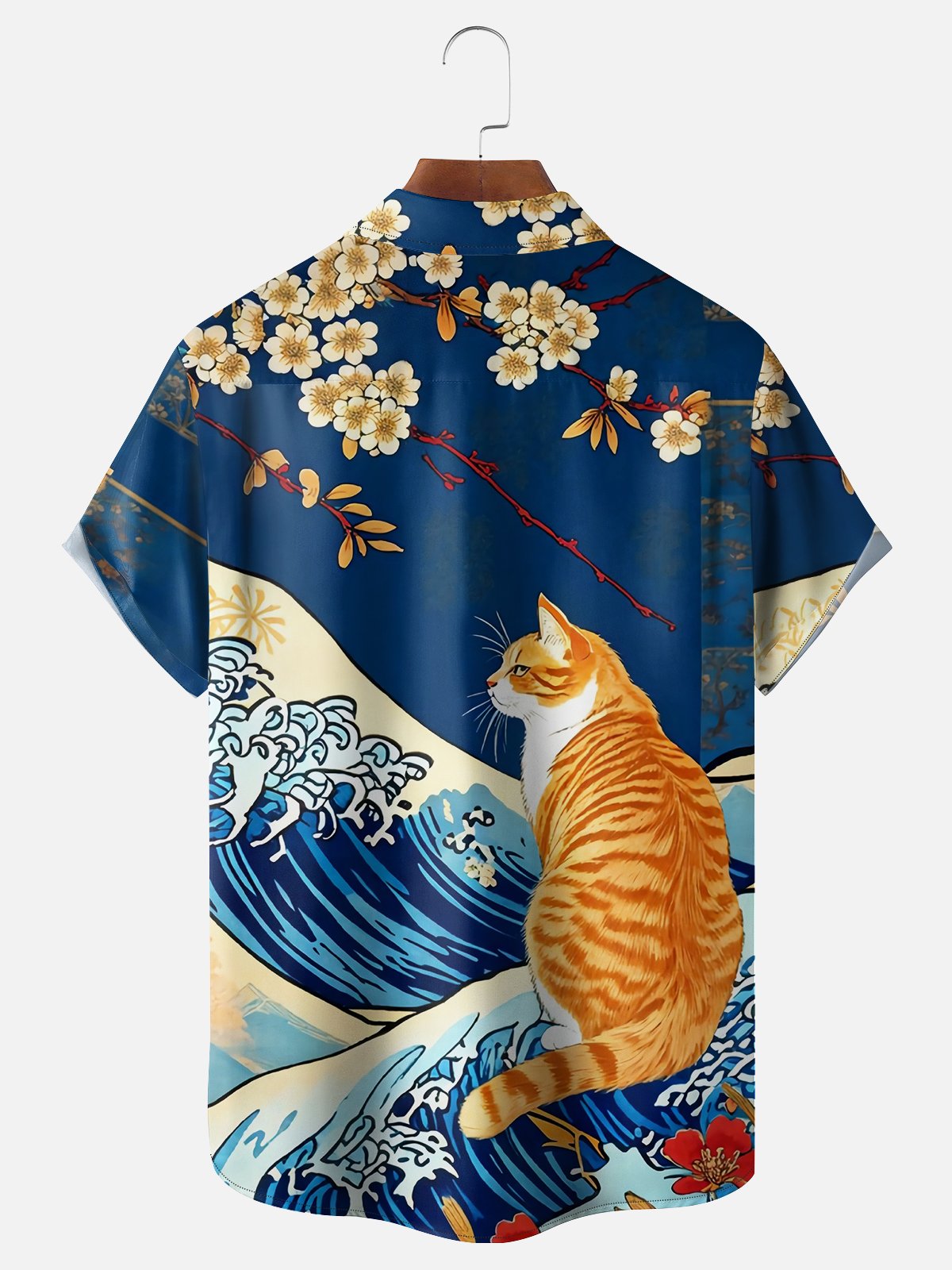 Moisture-wicking Japanese Ukiyoe Wave Orange Cat Chest Pocket Hawaiian Shirt