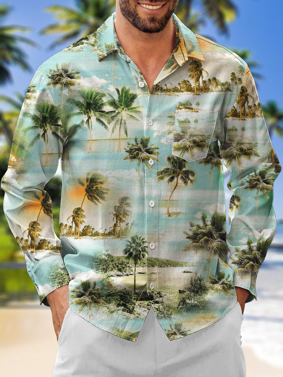 Moisture Wicking Coconut Tree Chest Pocket Long Sleeves Hawaiian Shirt