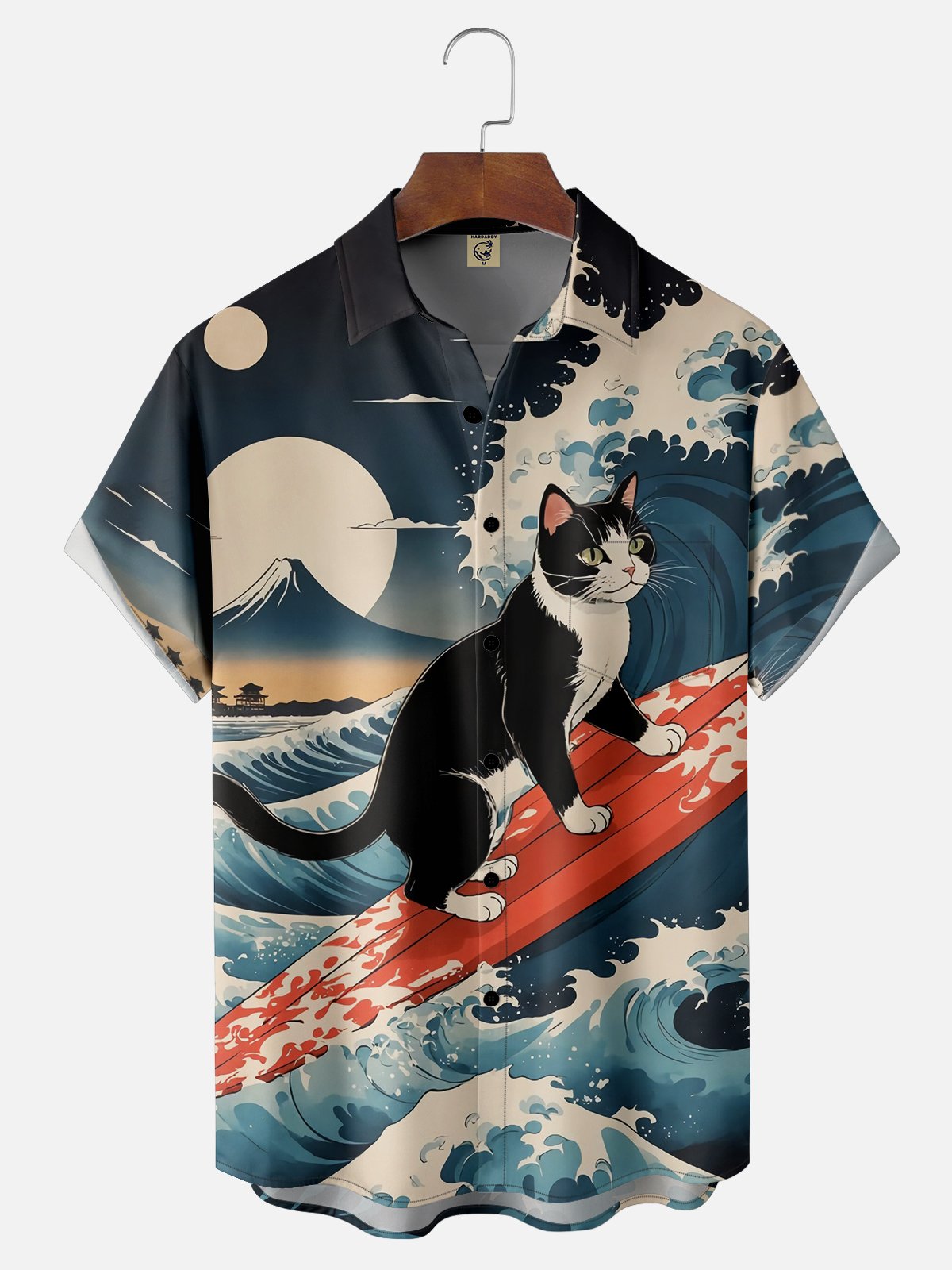 Moisture-wicking Japanese Ukiyoe Surfing Cat Chest Pocket Hawaiian Shirt