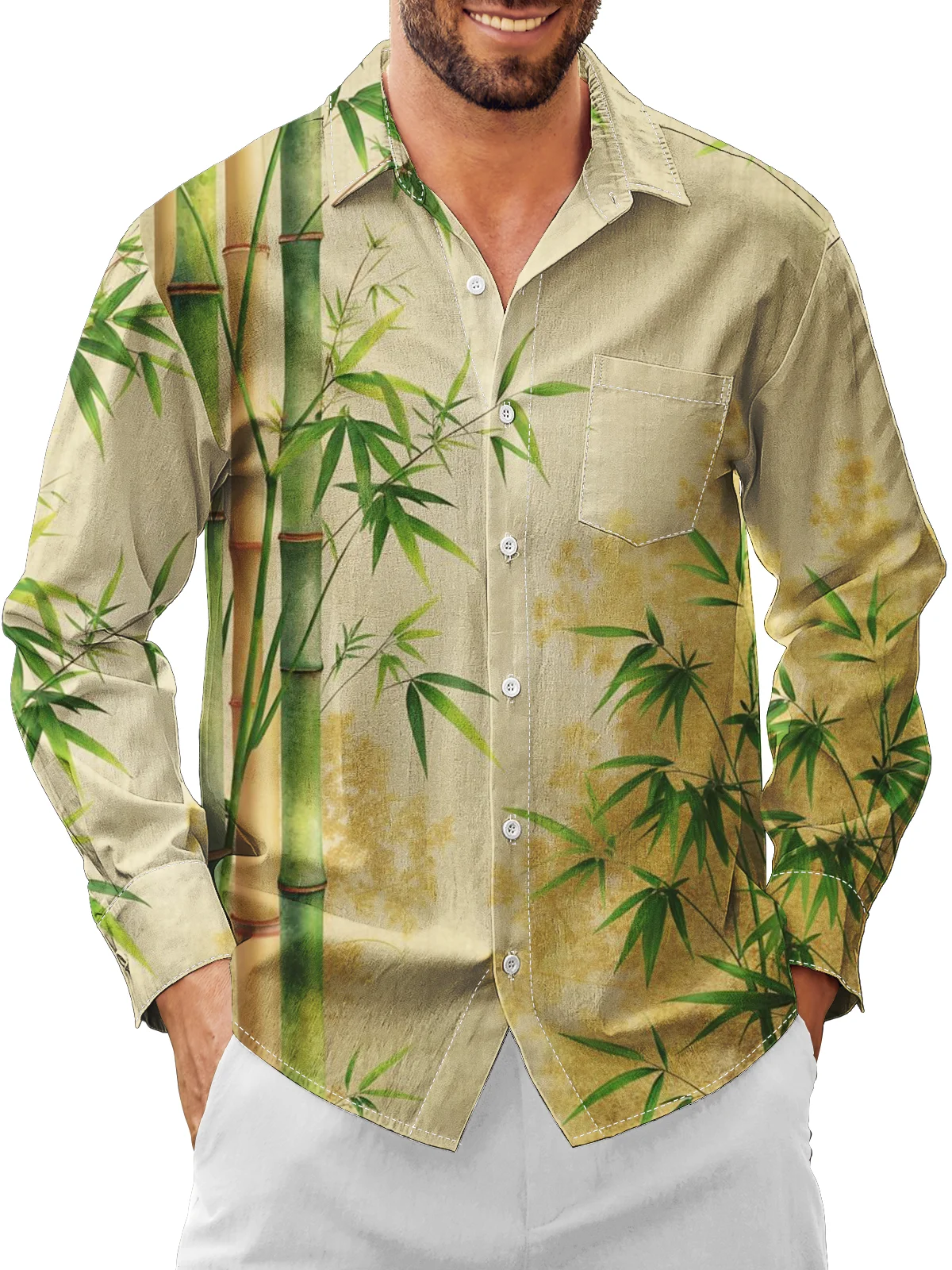 Moisture Wicking Bamboo Gradient Chest Pocket Long Sleeves Hawaiian Shirt