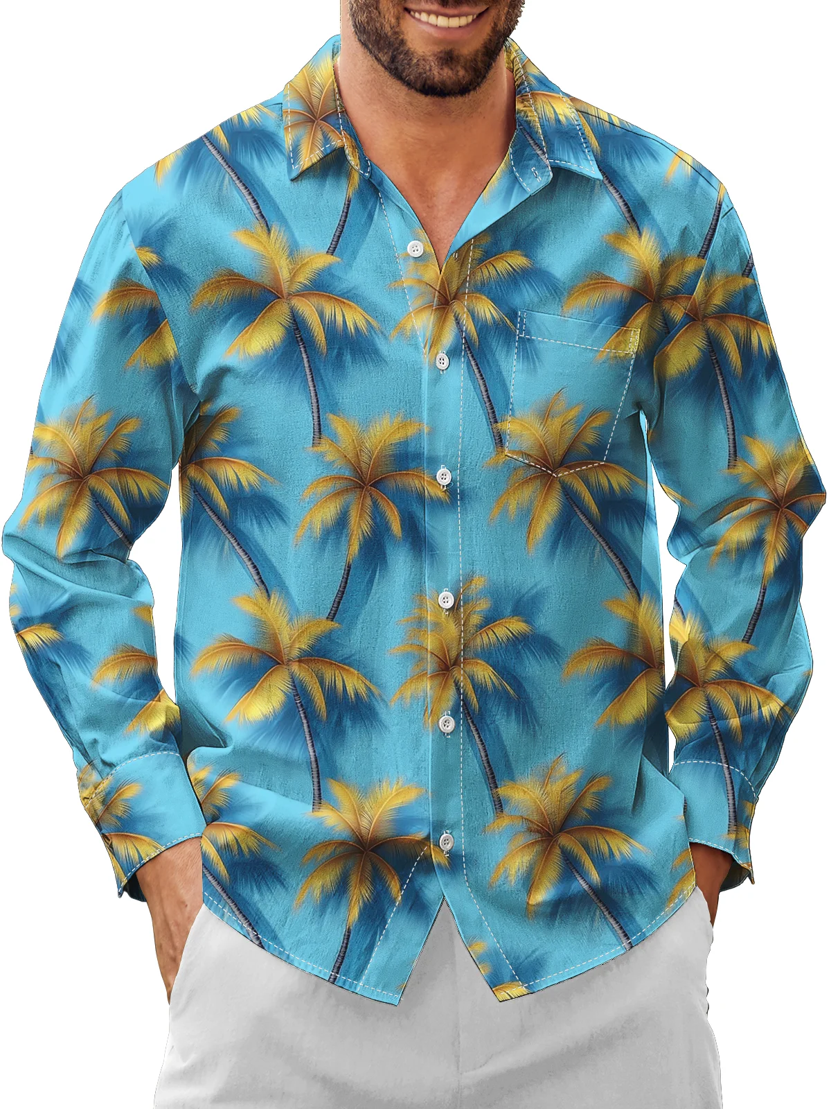 Moisture Wicking Coconut Tree Chest Pocket Long Sleeves Hawaiian Shirt