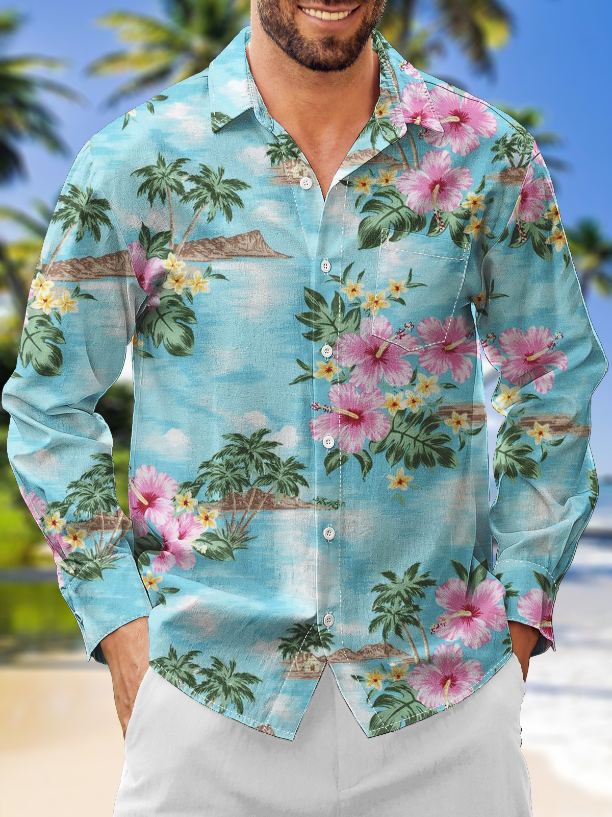 Moisture Wicking Floral Chest Pocket Long Sleeves Hawaiian Shirt