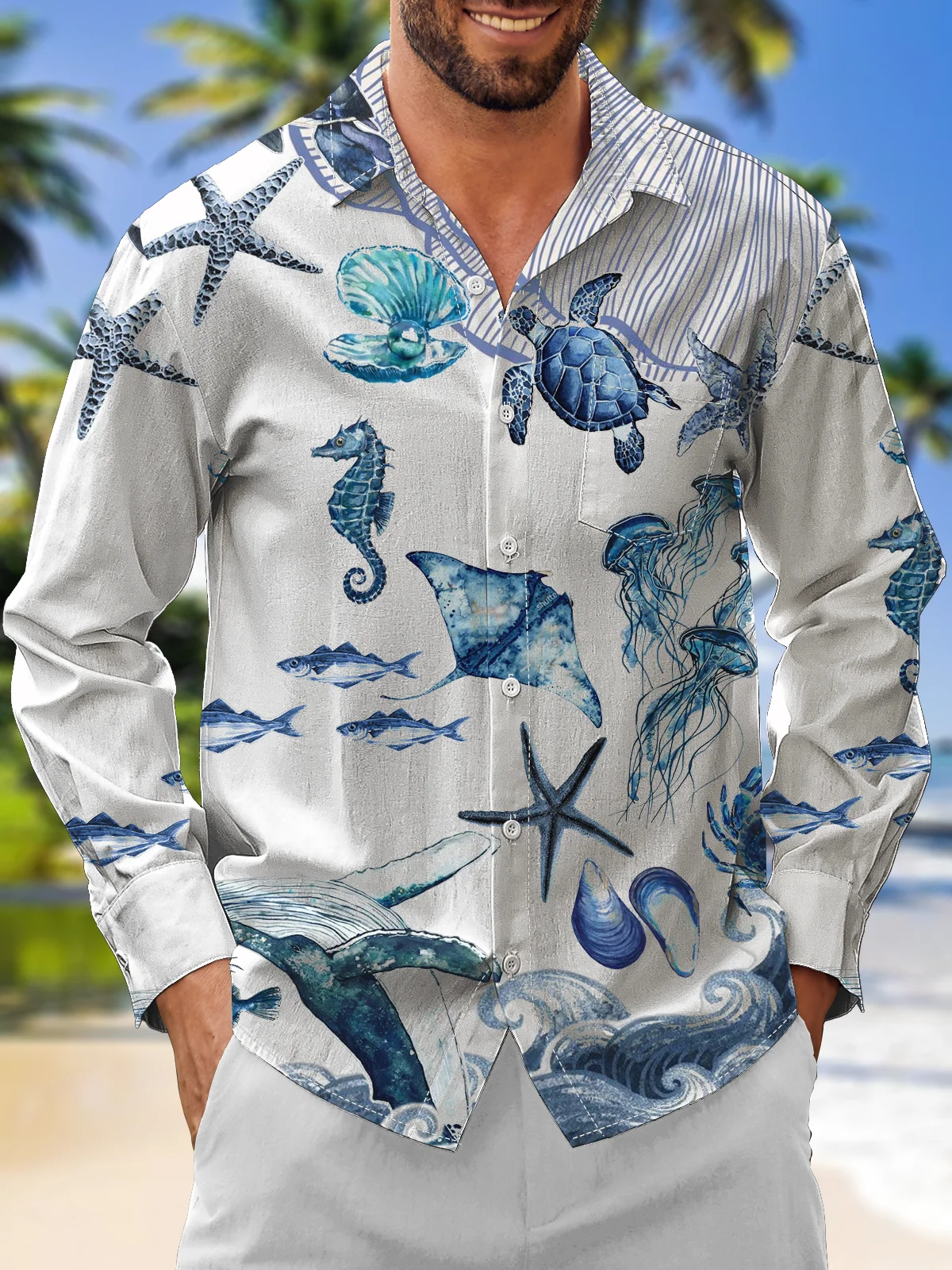 Moisture Wicking Marine Animals Sea Turtle Seahorse Chest Pocket Long Sleeves Hawaiian Shirt