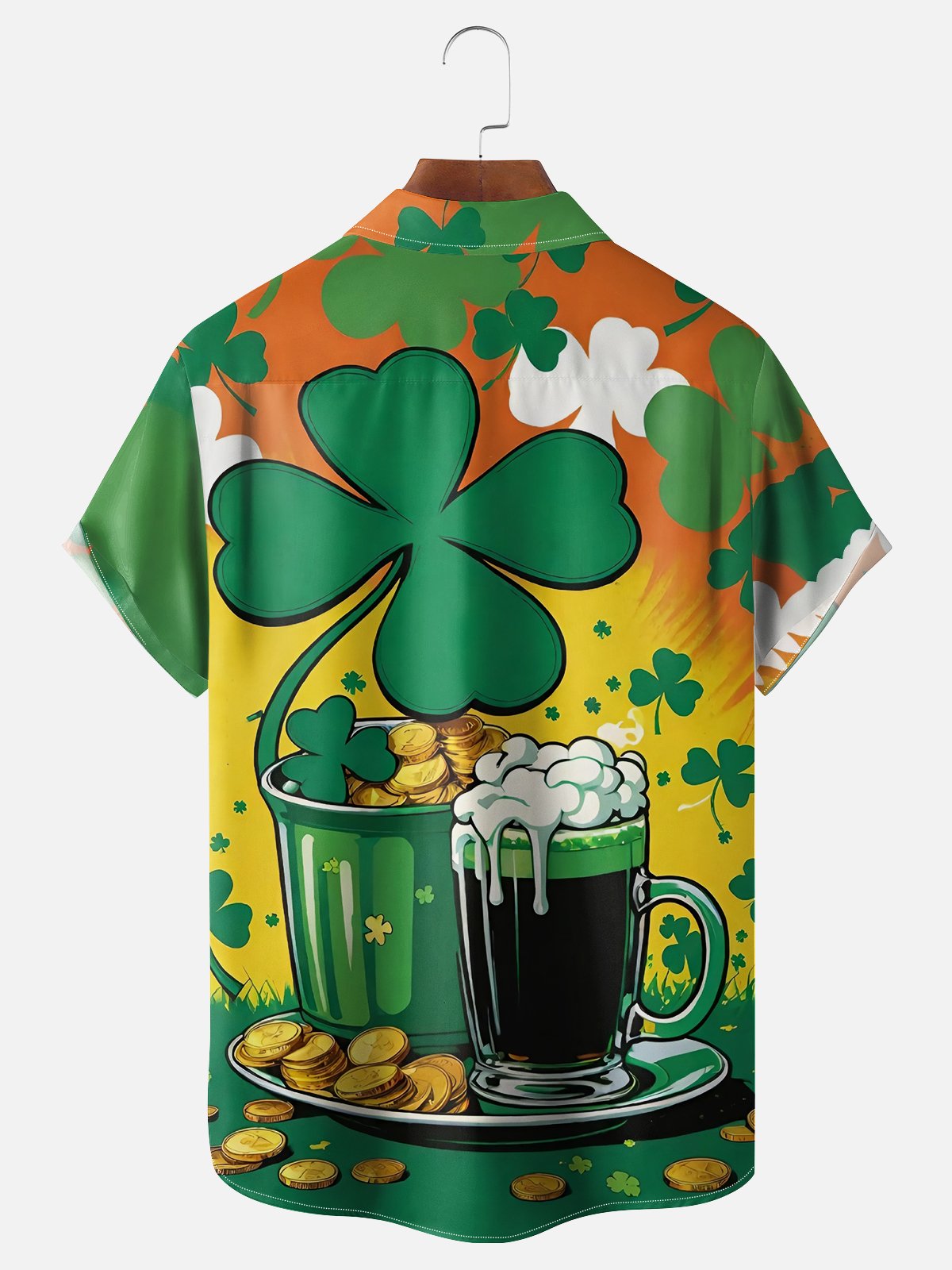 Moisture-wicking St Patrick's Day Clover Beer Chest Pocket Hawaiian Shirt