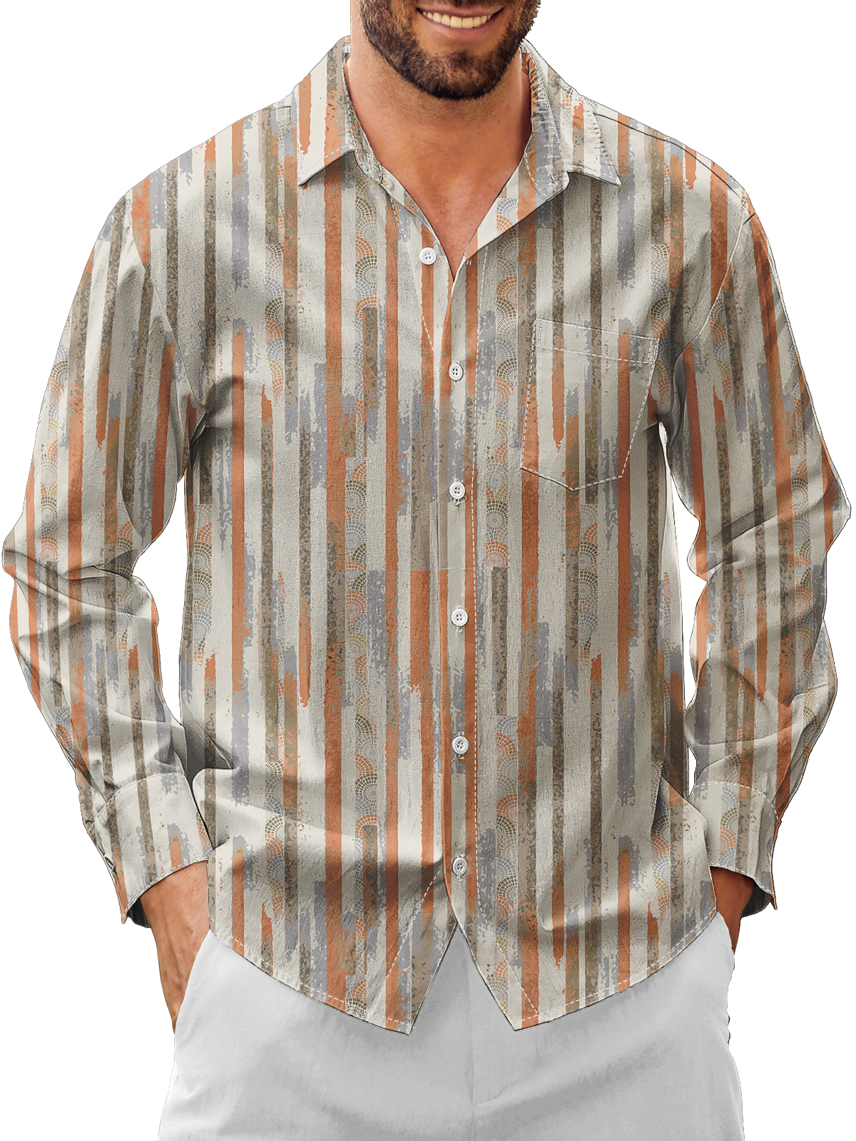 Moisture Wicking Stripes Chest Pocket Long Sleeves Hawaiian Shirt