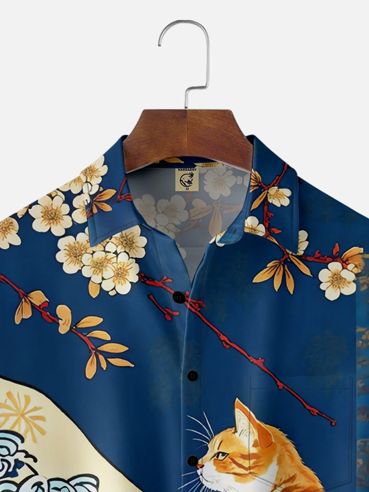 Moisture-wicking Japanese Ukiyoe Wave Orange Cat Chest Pocket Hawaiian Shirt