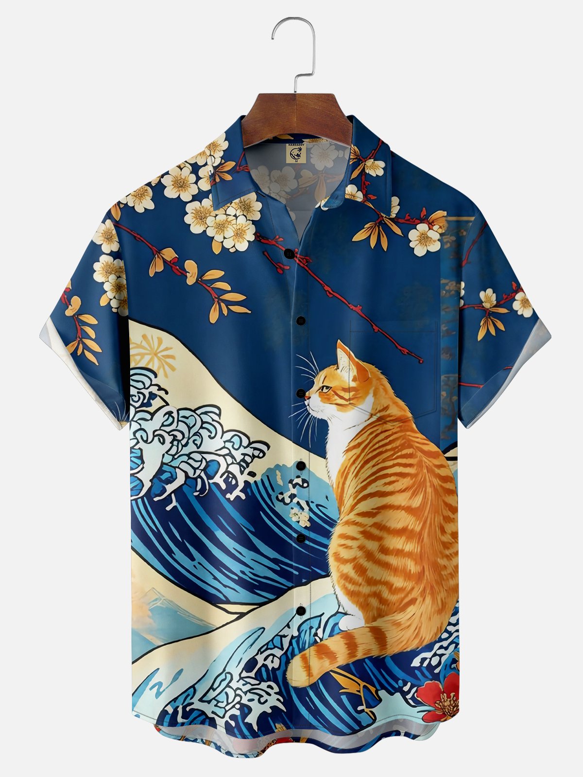 Moisture-wicking Japanese Ukiyoe Wave Orange Cat Chest Pocket Hawaiian Shirt