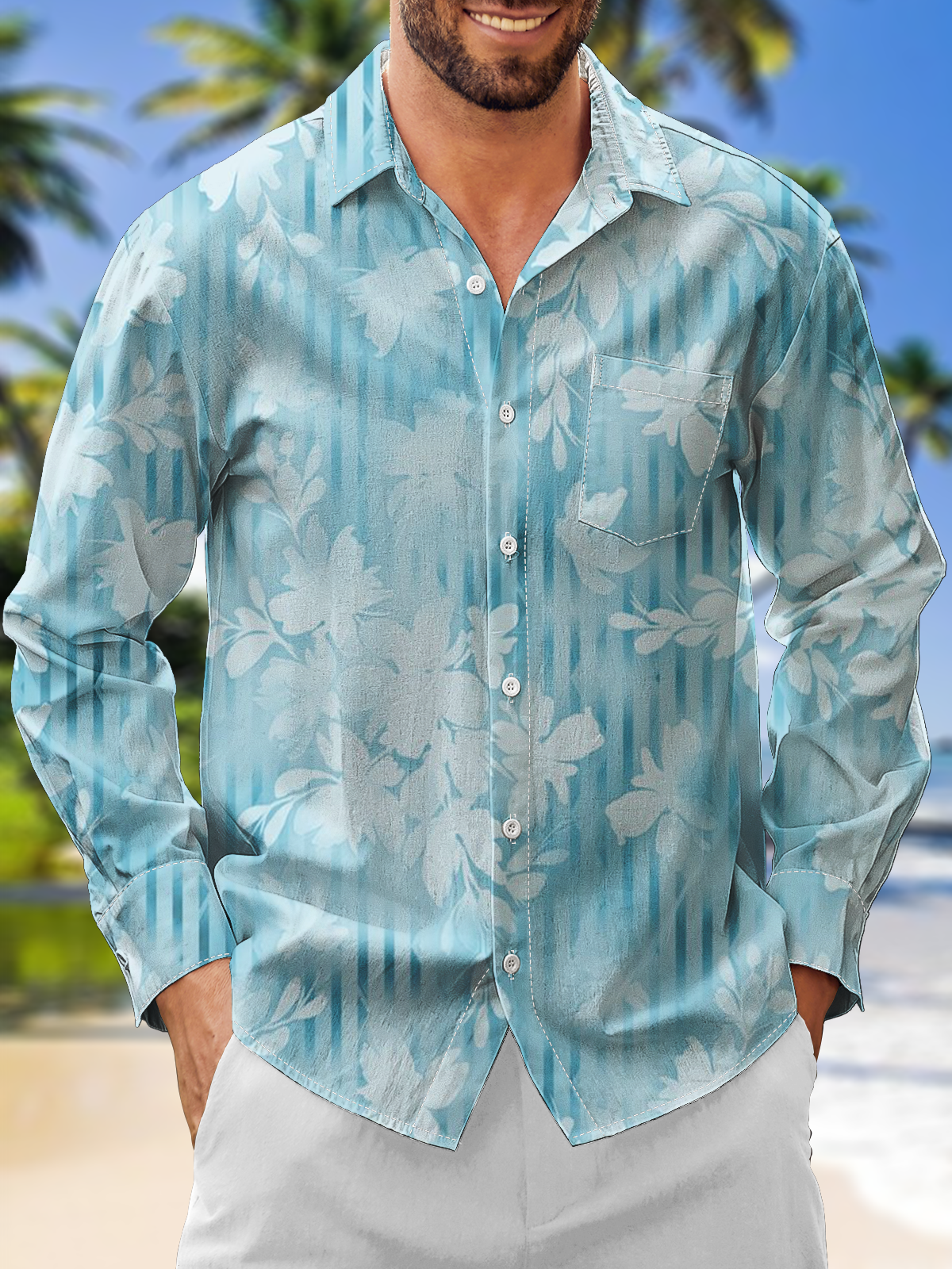 Moisture Wicking Stripes Floral Chest Pocket Long Sleeves Hawaiian Shirt