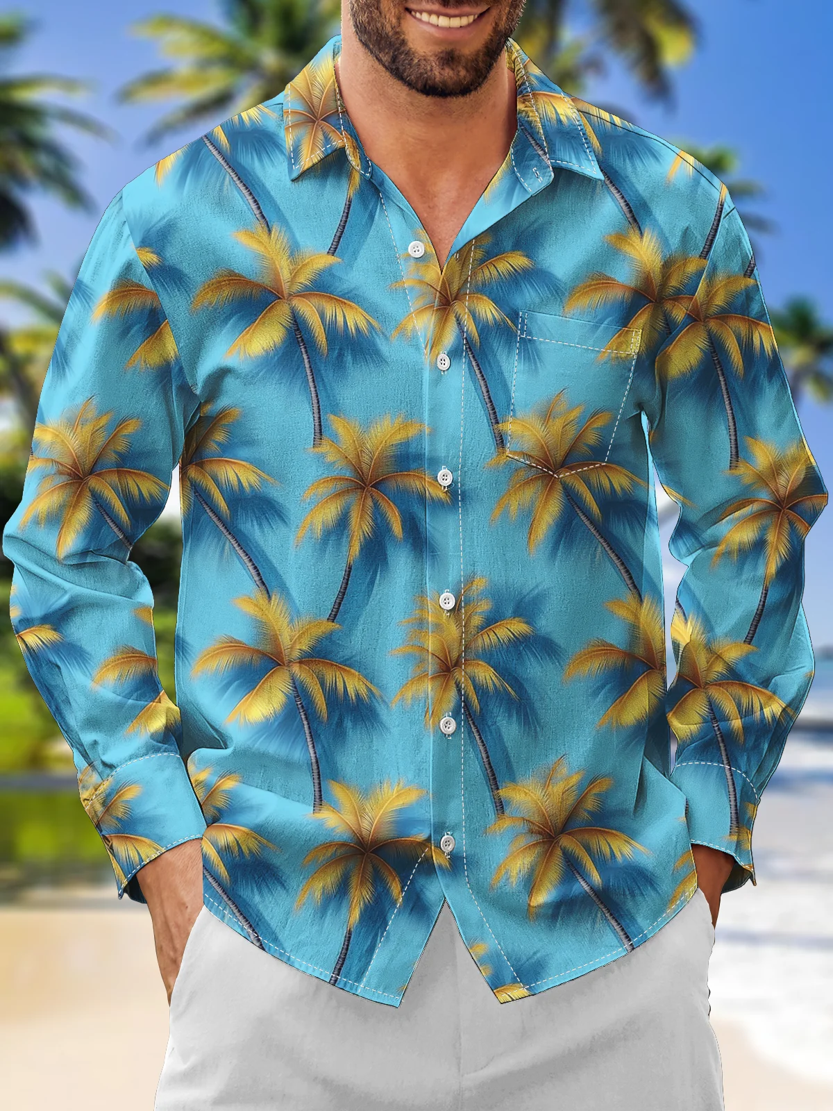 Moisture Wicking Coconut Tree Chest Pocket Long Sleeves Hawaiian Shirt