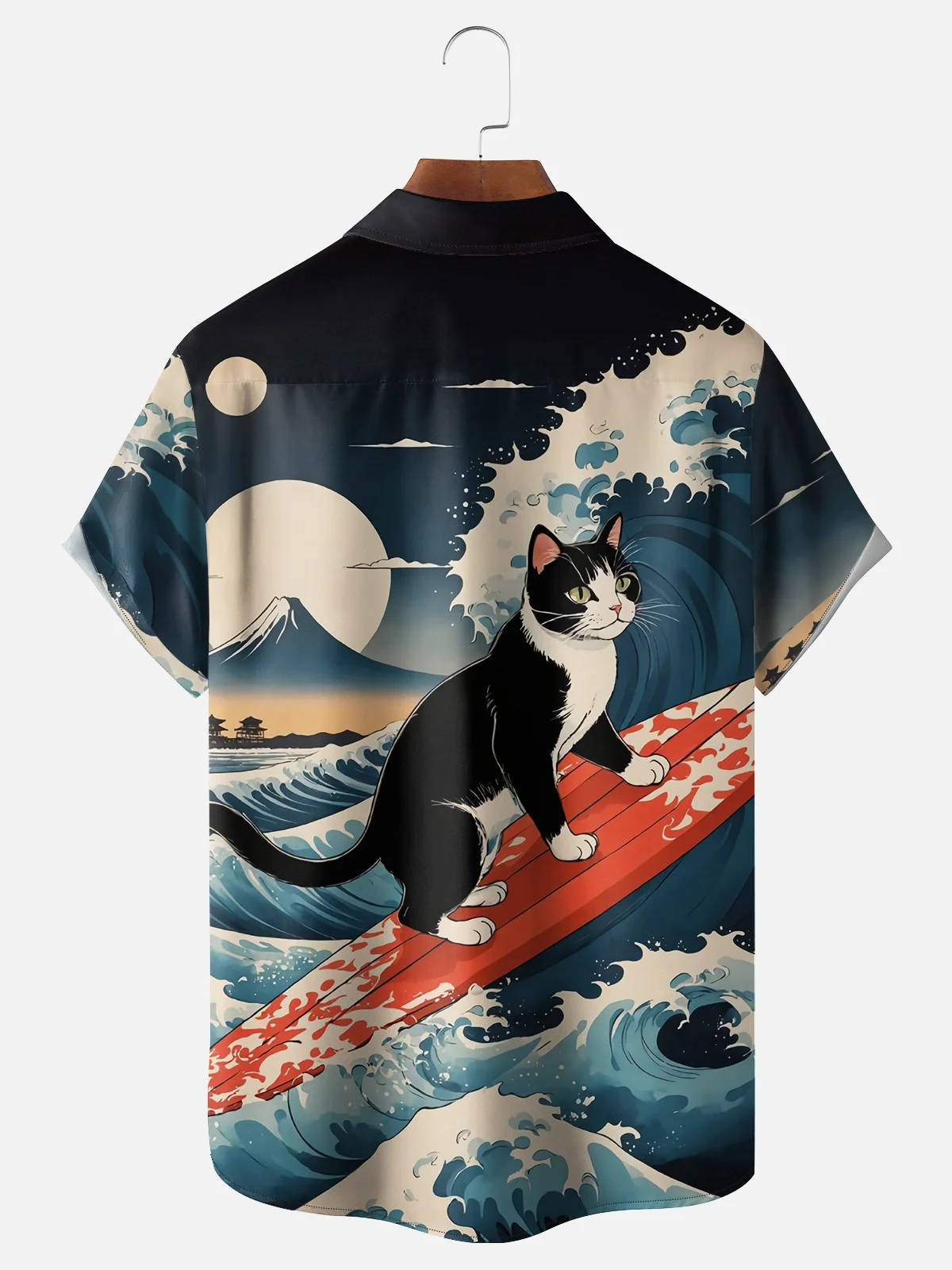 Moisture-wicking Japanese Ukiyoe Surfing Cat Chest Pocket Hawaiian Shirt