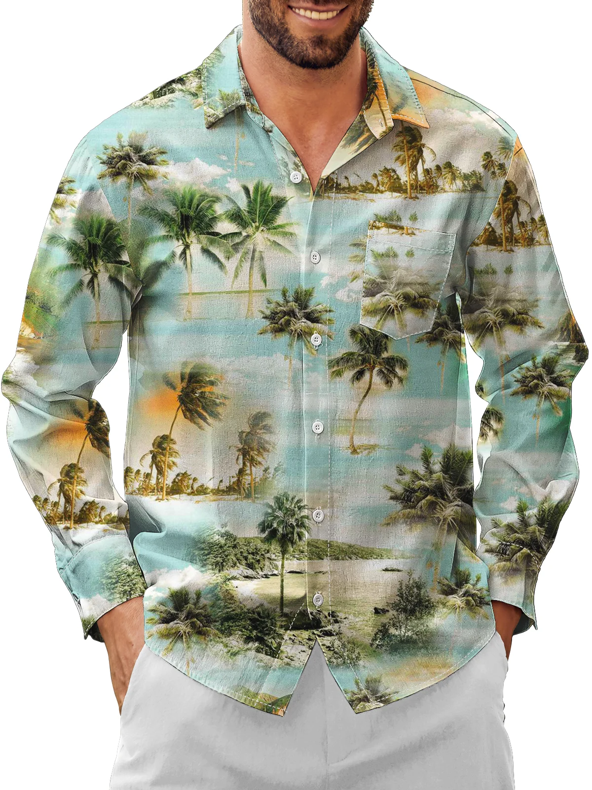 Moisture Wicking Coconut Tree Chest Pocket Long Sleeves Hawaiian Shirt