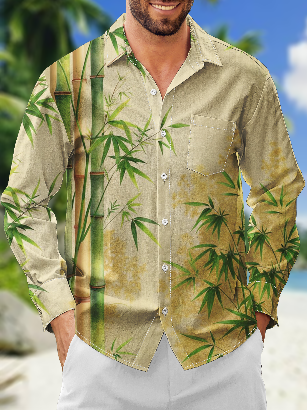 Moisture Wicking Bamboo Gradient Chest Pocket Long Sleeves Hawaiian Shirt