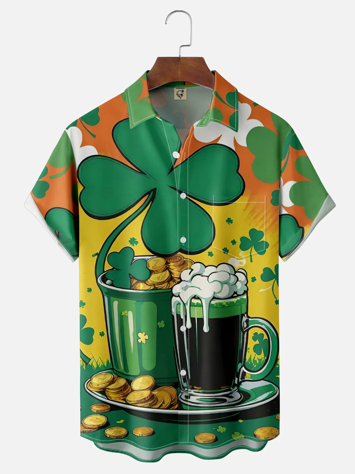 Moisture-wicking St Patrick's Day Clover Beer Chest Pocket Hawaiian Shirt