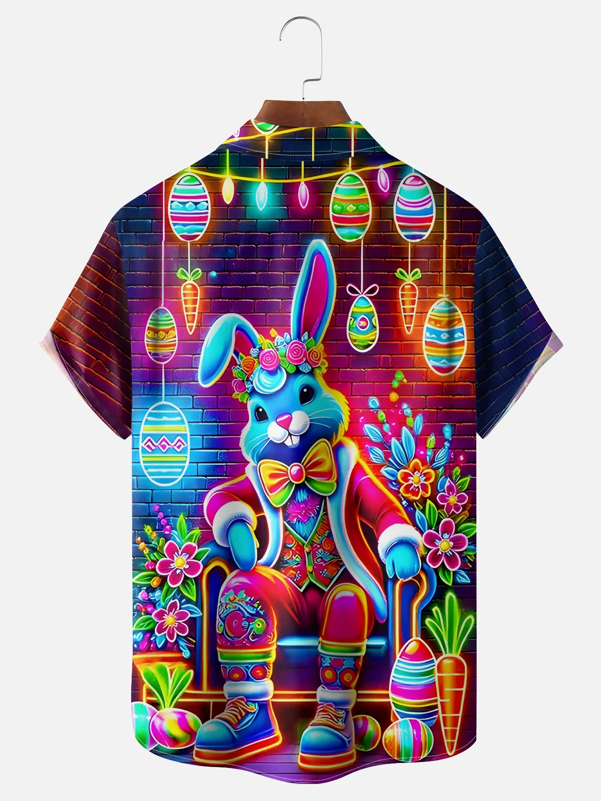 Moisture Wicking Easter Neon Art Easter Eggs Bunny Chest Pocket Hawaiian Shirt