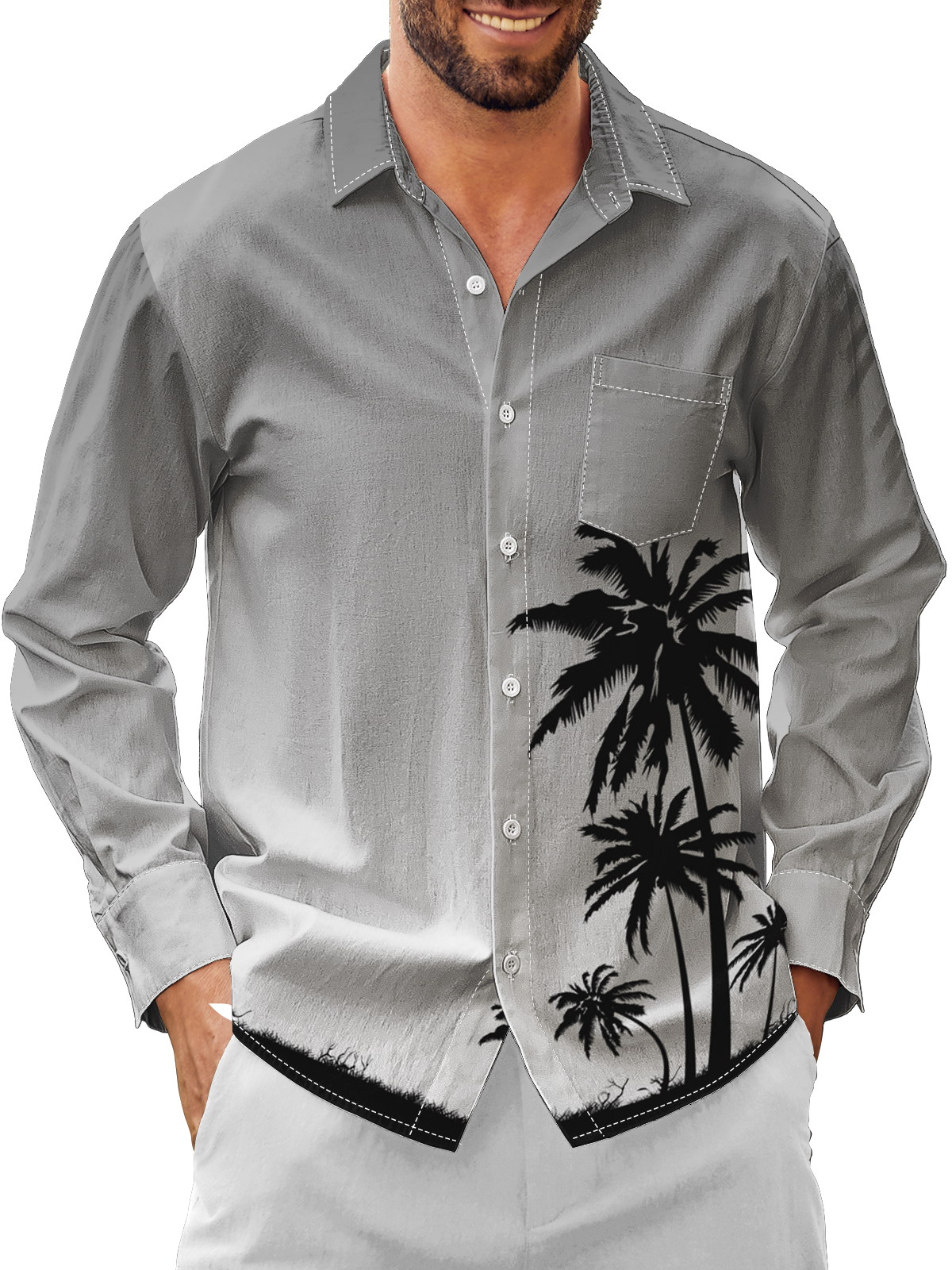 Moisture Wicking Gradient Coconut Tree Chest Pocket Long Sleeves Casual Shirt