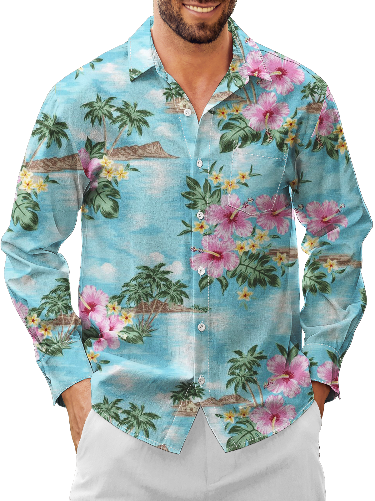 Moisture Wicking Floral Chest Pocket Long Sleeves Hawaiian Shirt