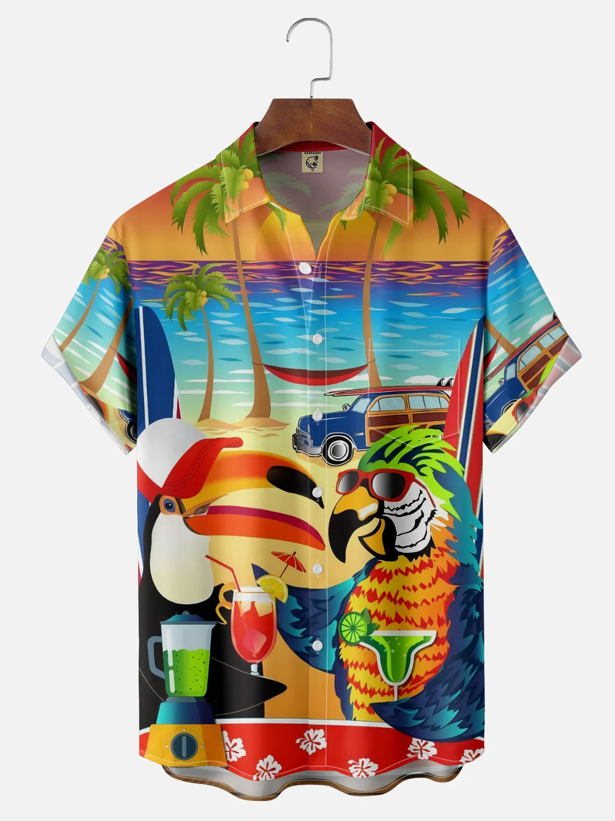 Moisture Wicking Beach Toucan Parrot Vacation Chest Pocket Hawaiian Shirt