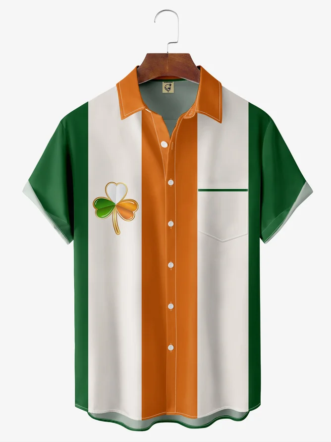 Tall Size Moisture-wicking Breathable Shamrock Chest Pocket Bowling Shirt