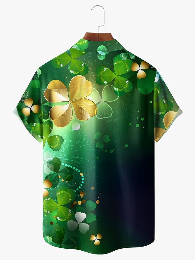 Tall Size Moisture-wicking Alice Meow St Patrick's Day Beauty Shamrock Chest Pocket Casual Shirt