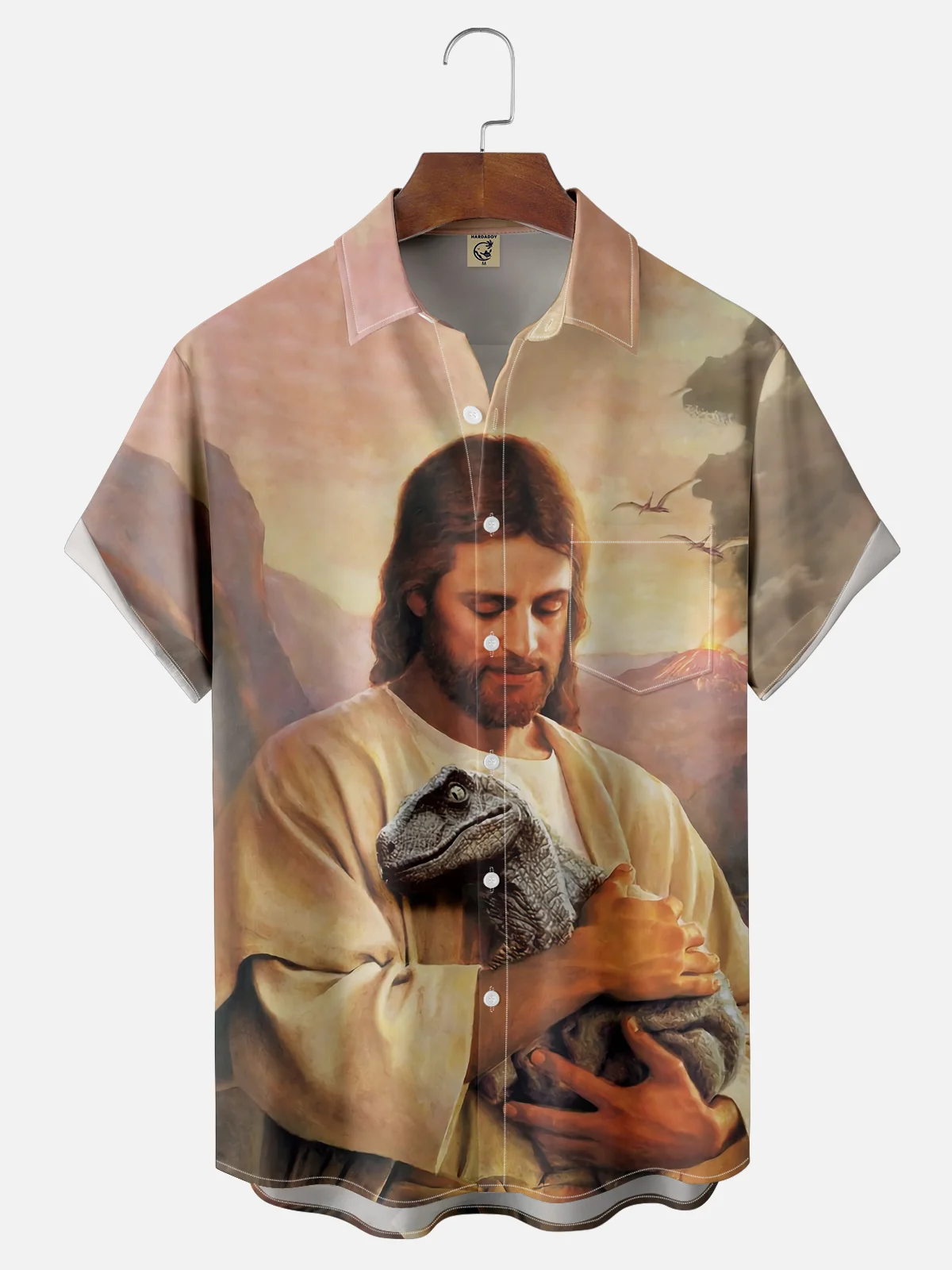 Moisture-wicking Easter Jesus Dinosaur Chest Pocket Casual Shirt