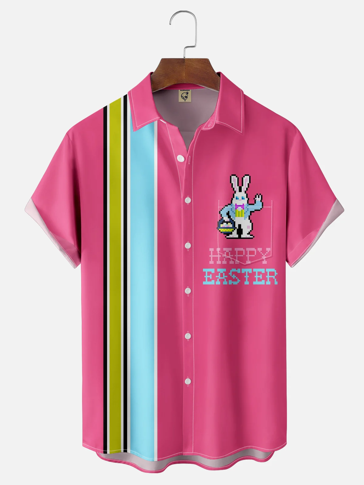 Moisture Wicking Striped Easter Bunny Egg Chest Pocket Bowling Shirt