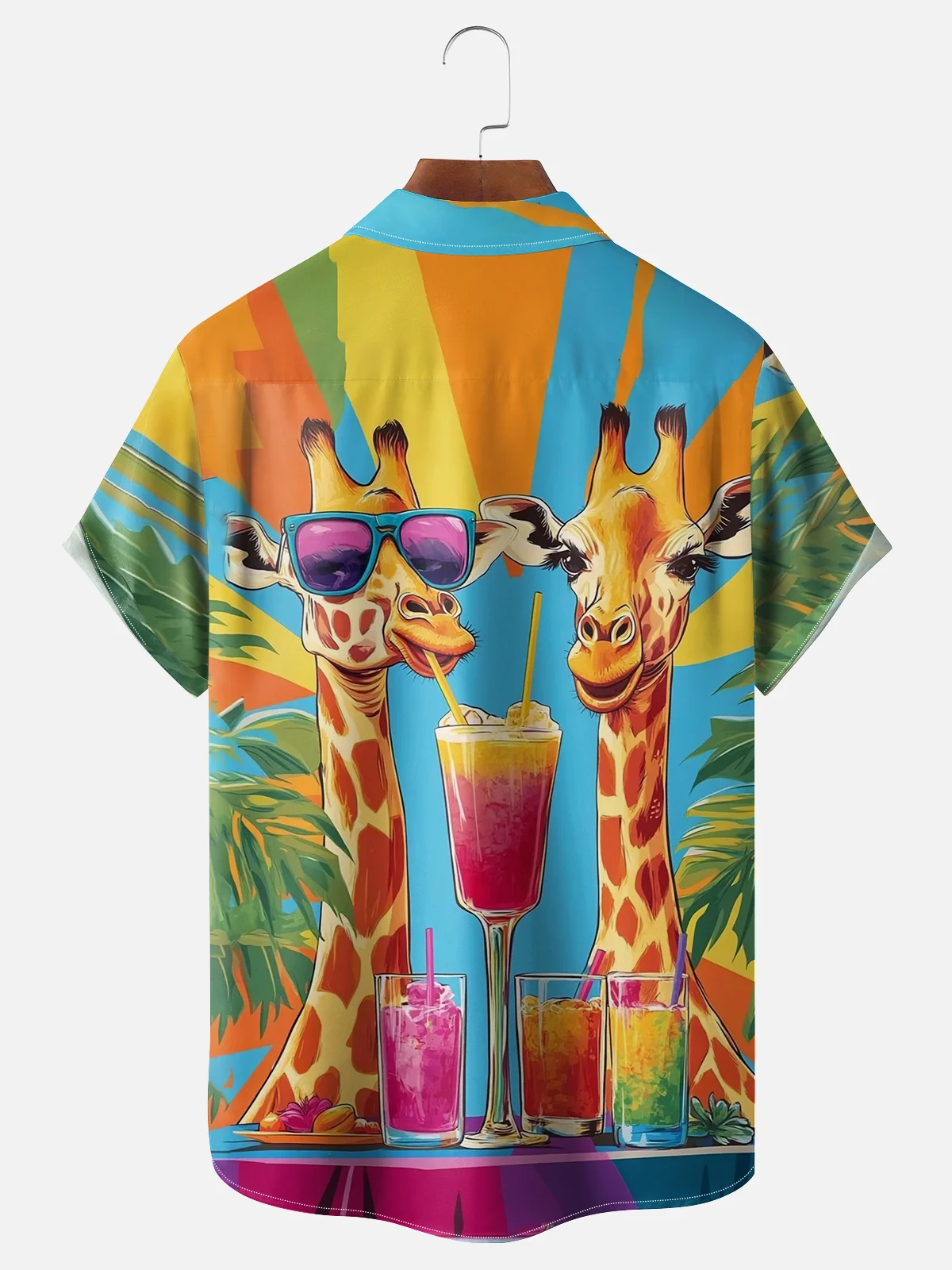 Moisture-wicking Giraffe Drinking Cocktail Art Chest Pocket Hawaiian Shirt