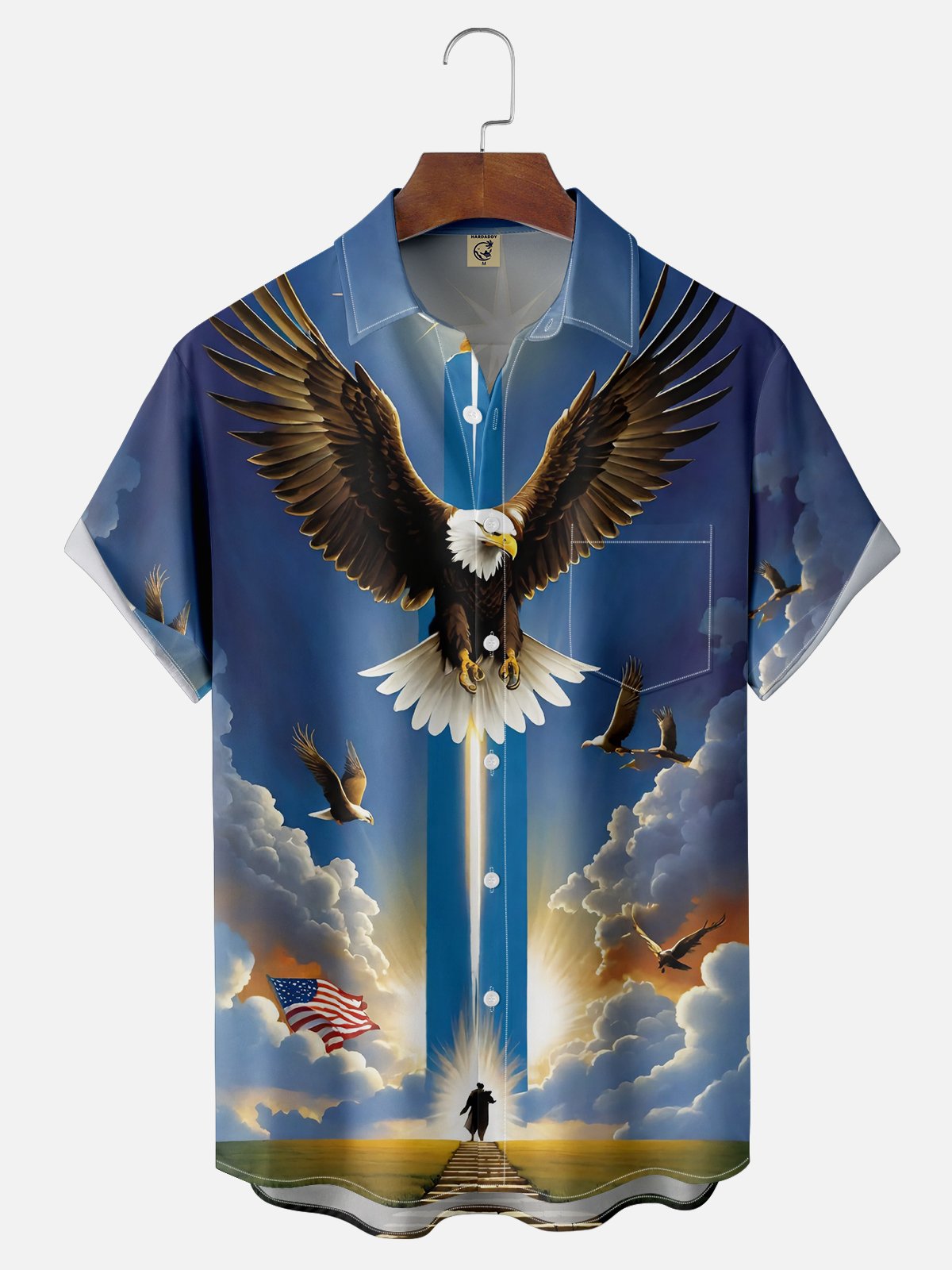 Moisture Wicking American Flag Eagle Chest Pocket Casual Hawaiian Shirt