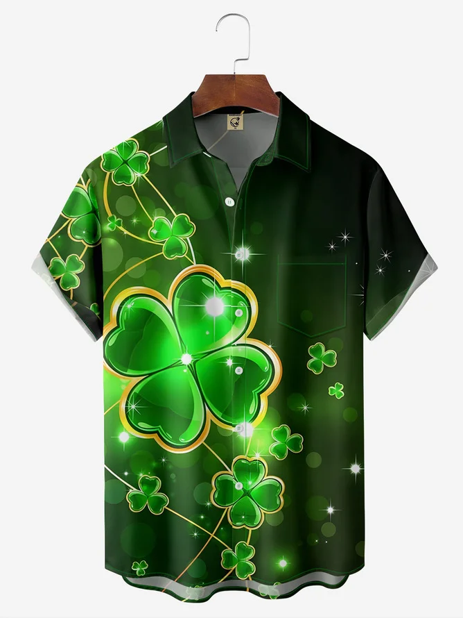 Tall Size Moisture-wicking St Patrick‘s Day Clover Chest Pocket Hawaiian Shirt