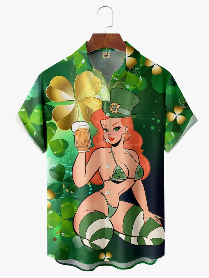 Tall Size Moisture-wicking Alice Meow St Patrick's Day Beauty Shamrock Chest Pocket Casual Shirt