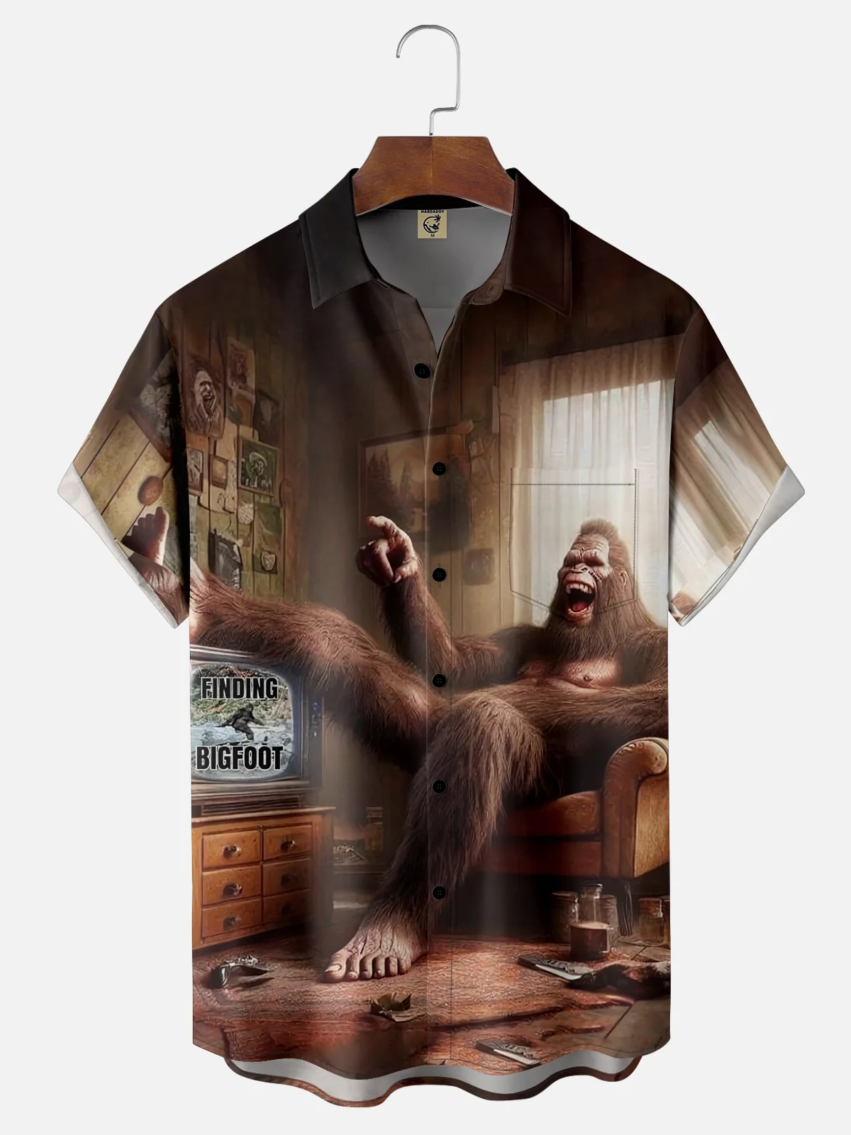 Moisture-wicking Bigfoot Watching TV Chest Pocket Hawaiian Shirt