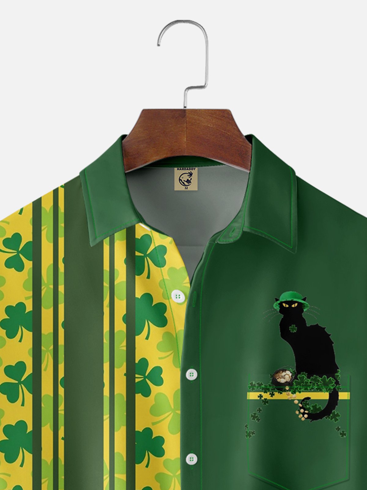 Moisture-wicking St. Patrick's Day Clover Cat Chest Pocket Bowling Shirt