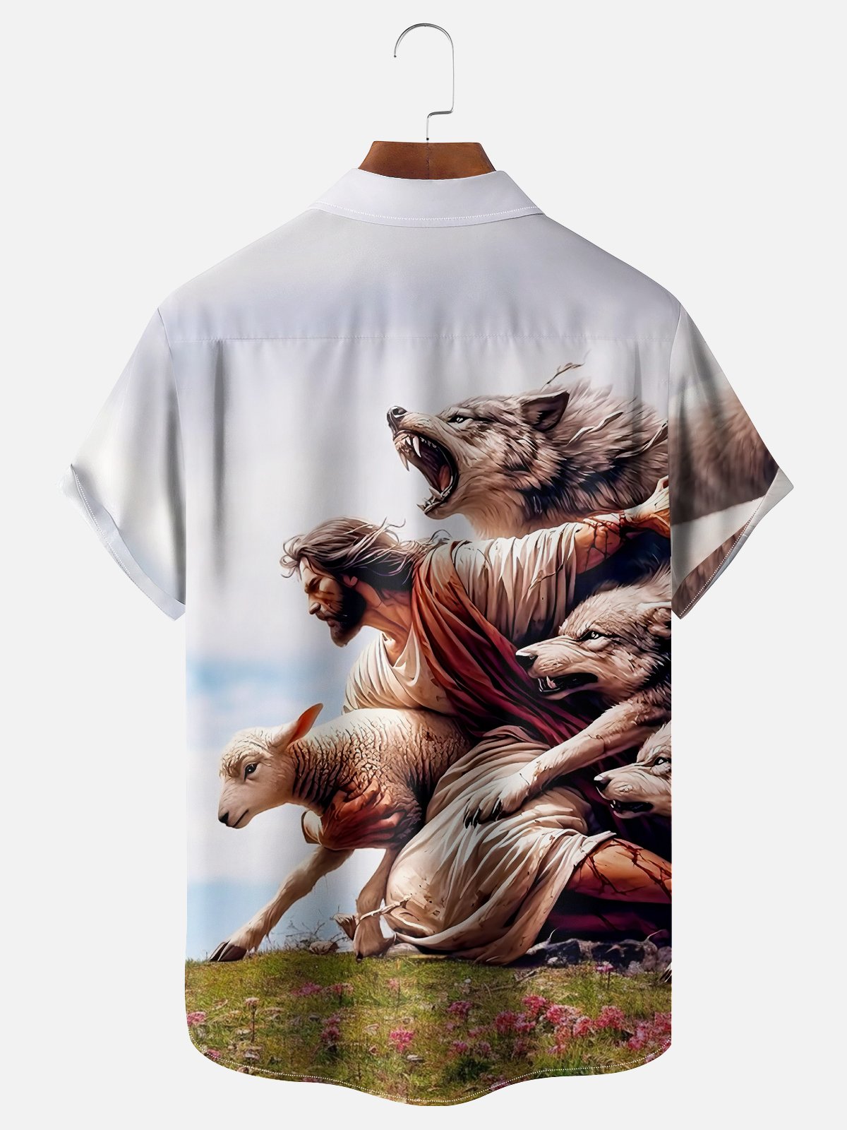 Moisture-wicking Jesus Sheep Wolf Chest Pocket Casual Shirt